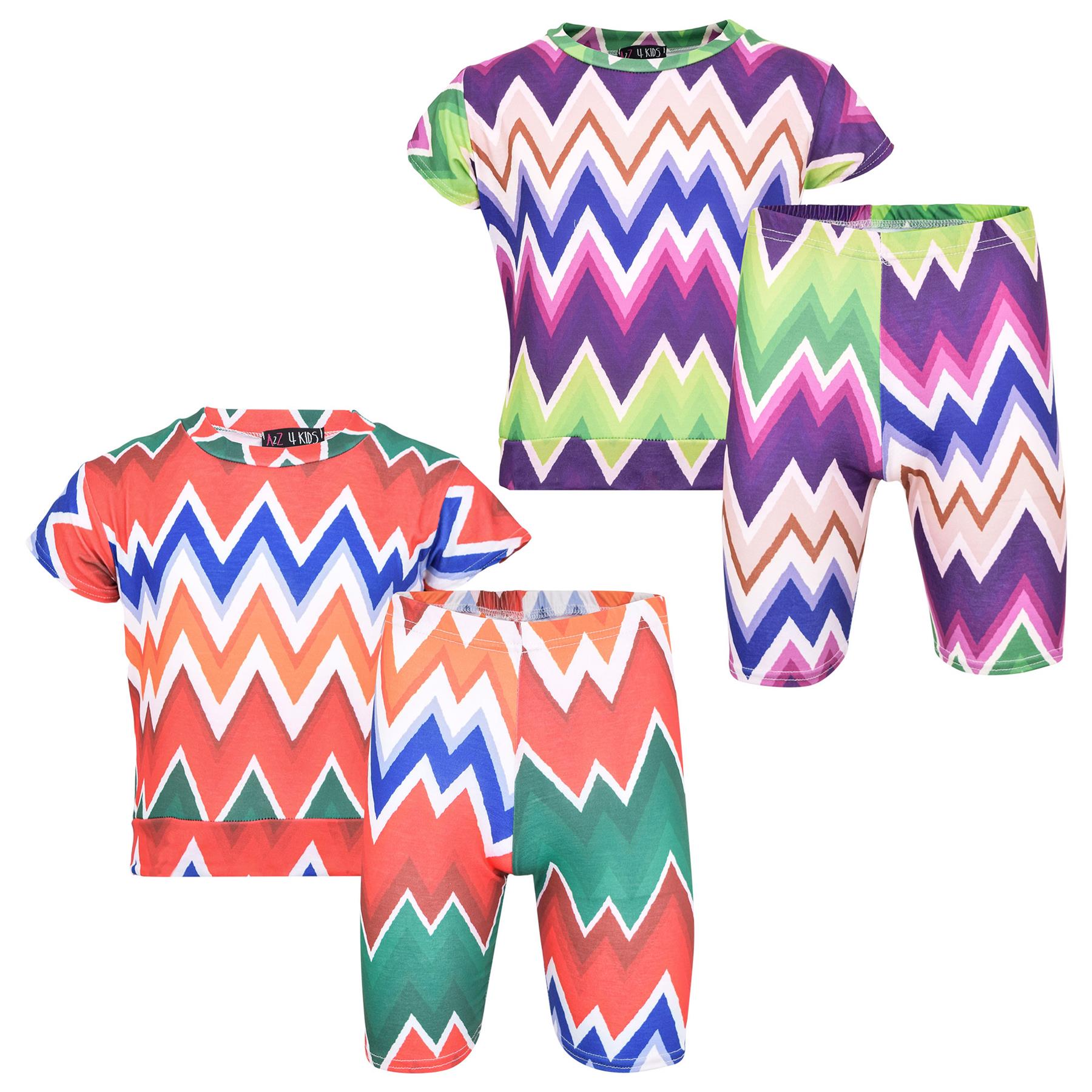 Girls Top Kids Short Sleeves Crop Top Chevron Print T Shirt Top & Shorts Set