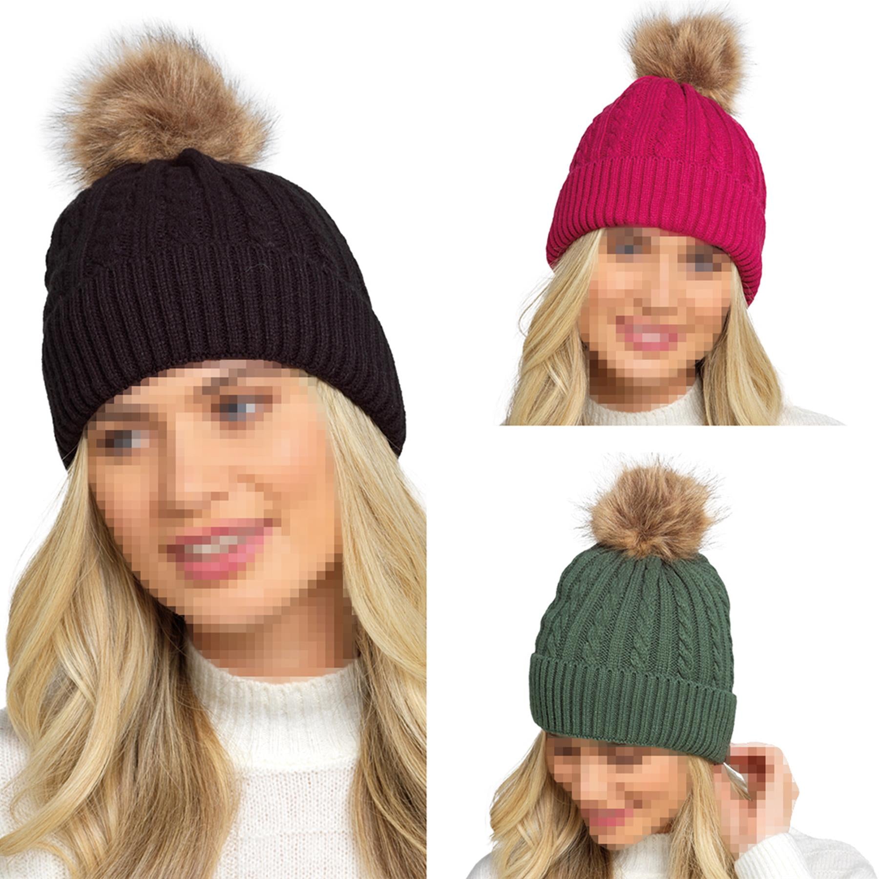 A2Z Ladies Hats Cable Knit Bobble Beanie Faux Fur Pom Pom Winter Warm Cozy Caps