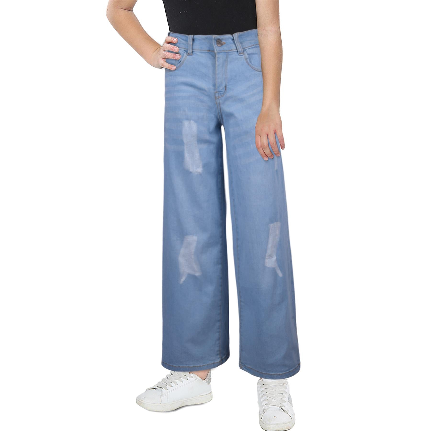 Kids Girls Palazzo Jeans Wide Leg Stretchy Denim Flared Fashion Baggy Pants 5-14