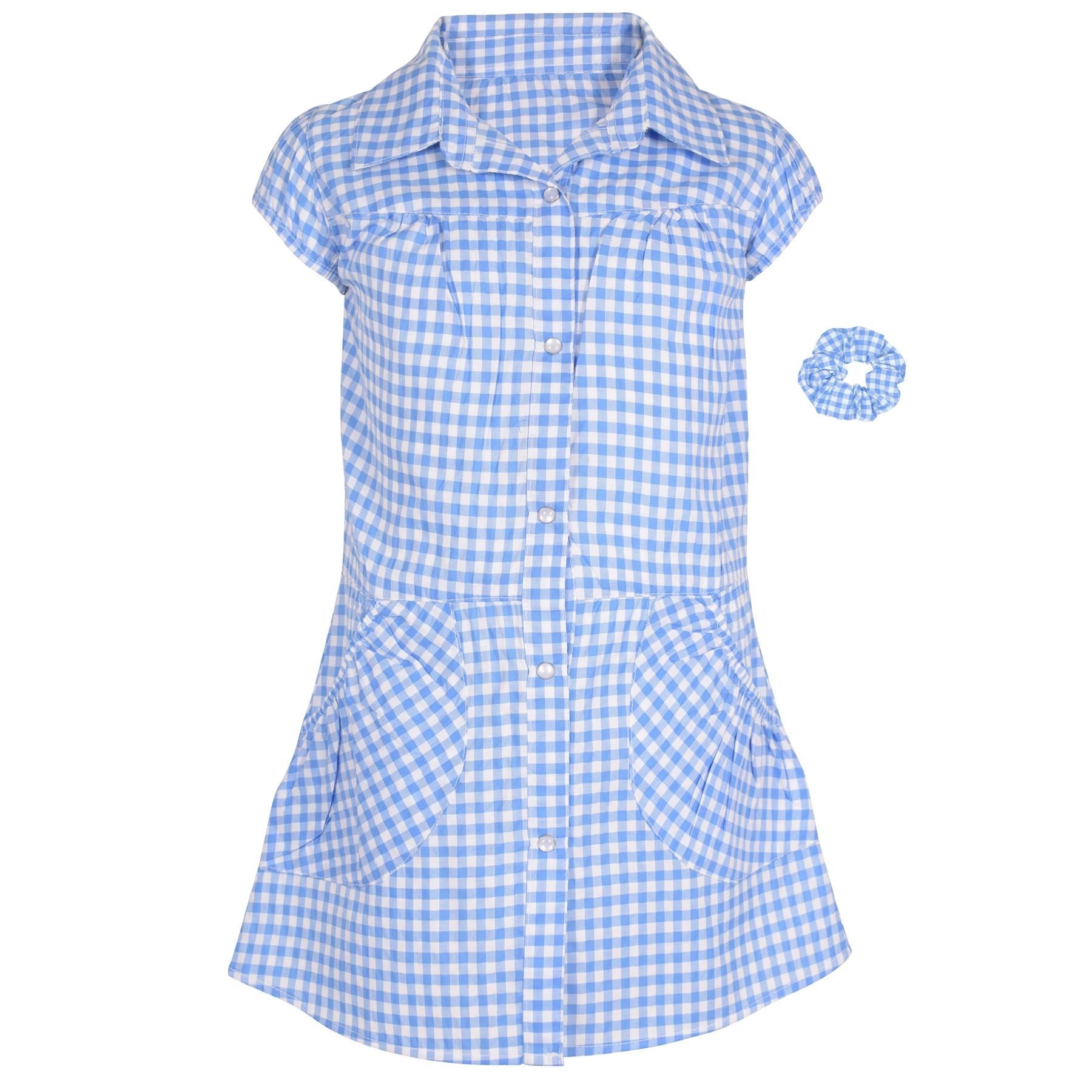 Kids Girls Gingham School Dress Check Printed Dresses With Matching Scrunchies