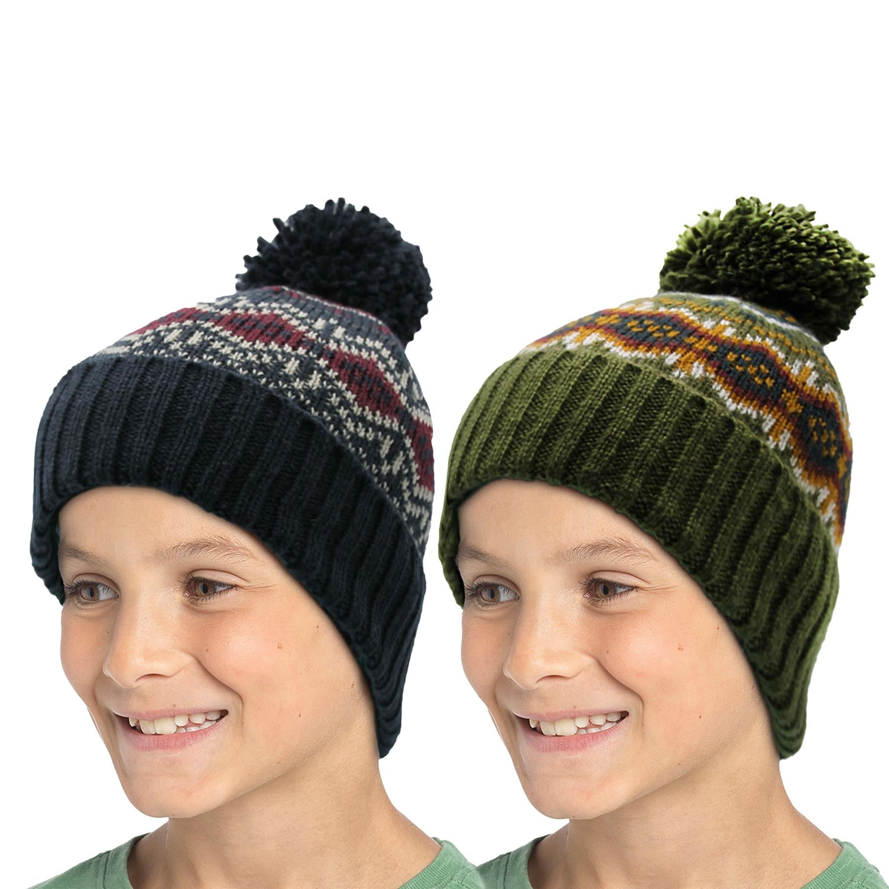 A2Z 4 Kids Boys Hat 2 Pack Fairisle Bobble Knitted Pom Pom Winter Warm Cosy Hats