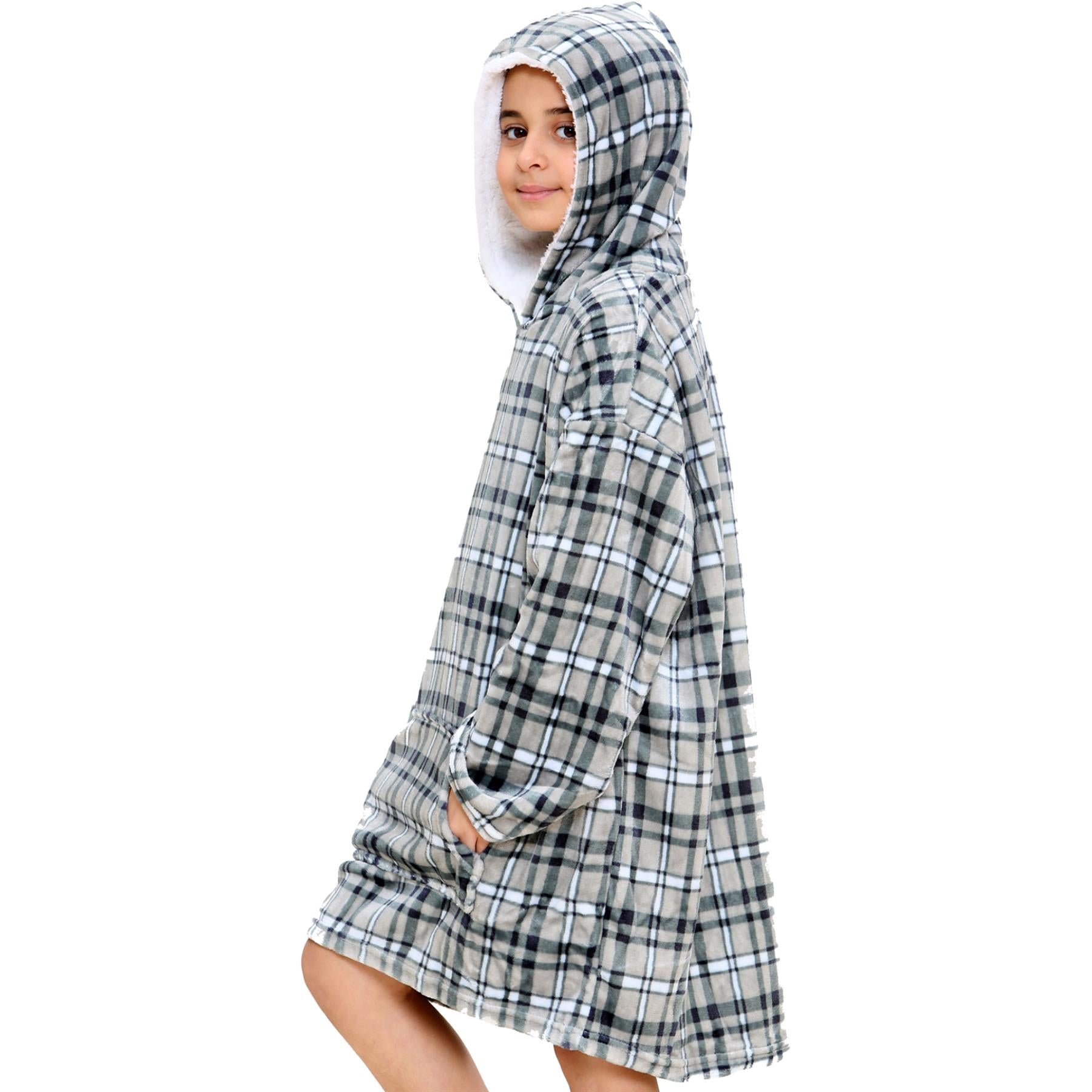 Kids Oversized Hoodie Blue Tartan Printed Snuggle Soft World Book Day Blanket