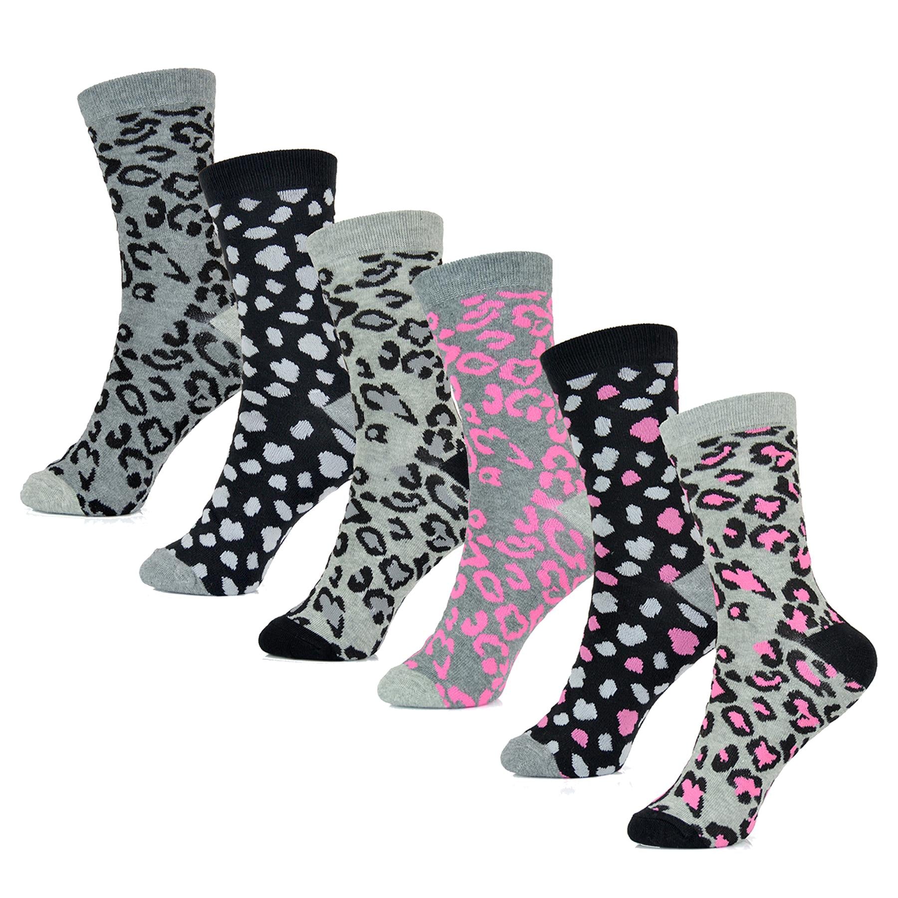 Ladies Leopard Dog Cat Designed Mid Calf Socks Pack of 6 Cotton Rich Striped Socks