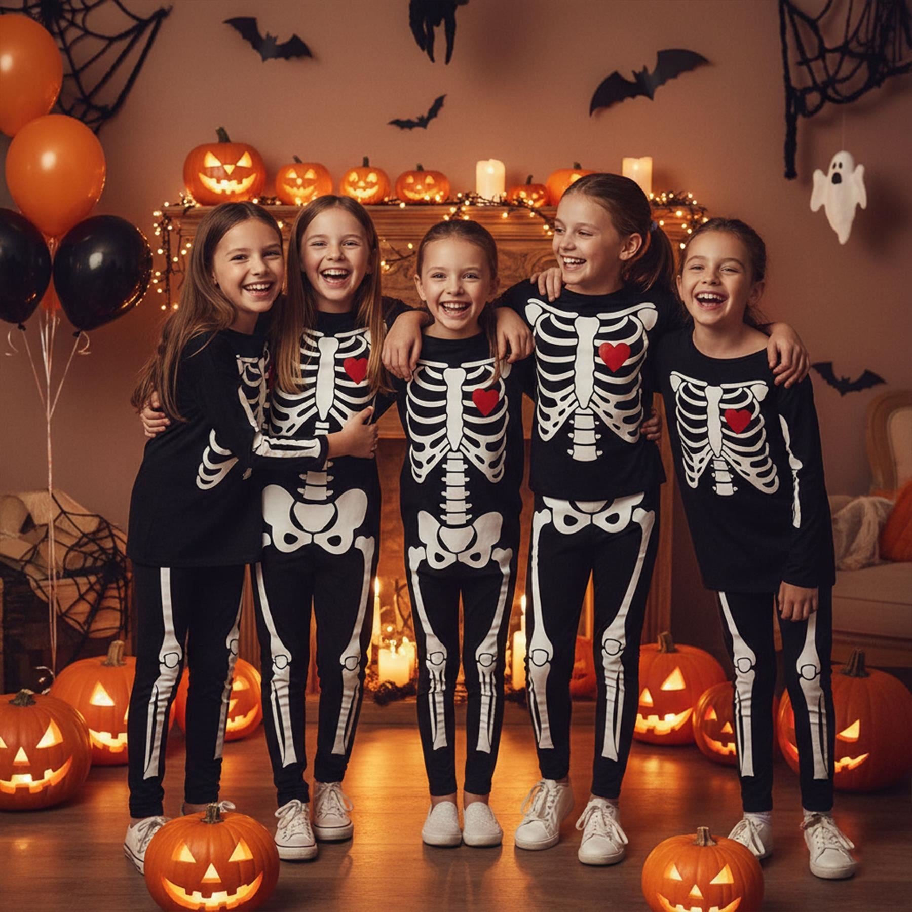 Kids Girls Skeleton Print White Halloween Costume Set