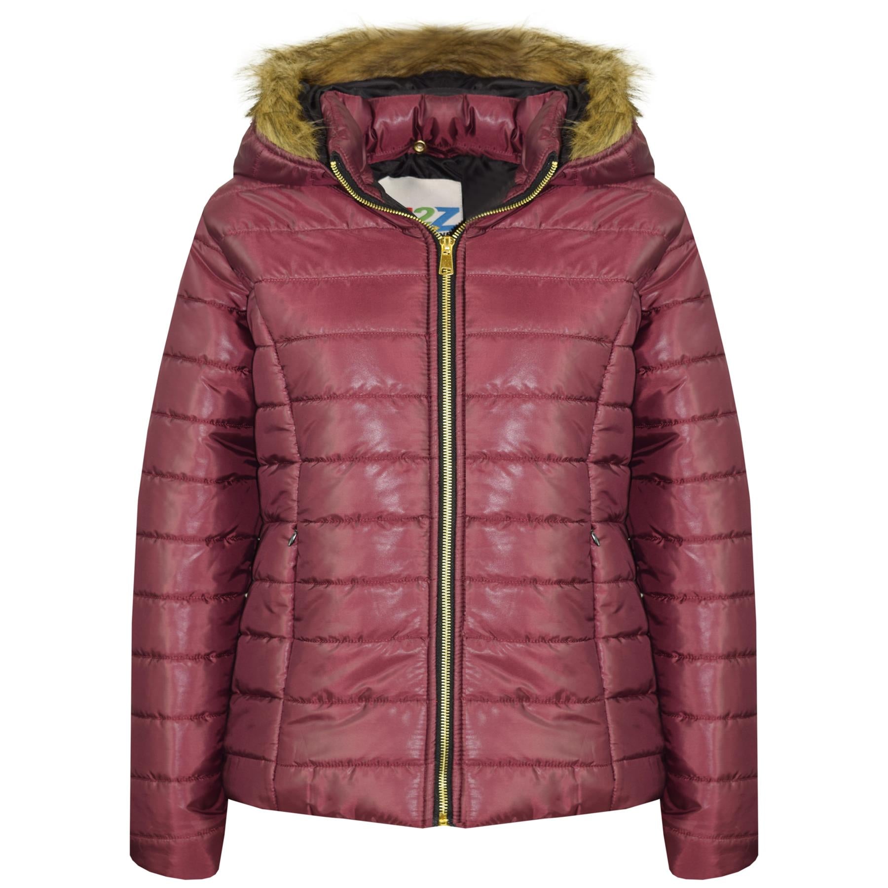Kids Girls Jackets Wine Puffer Padded Quilted Detachable Hood Faux Fur Top Coats