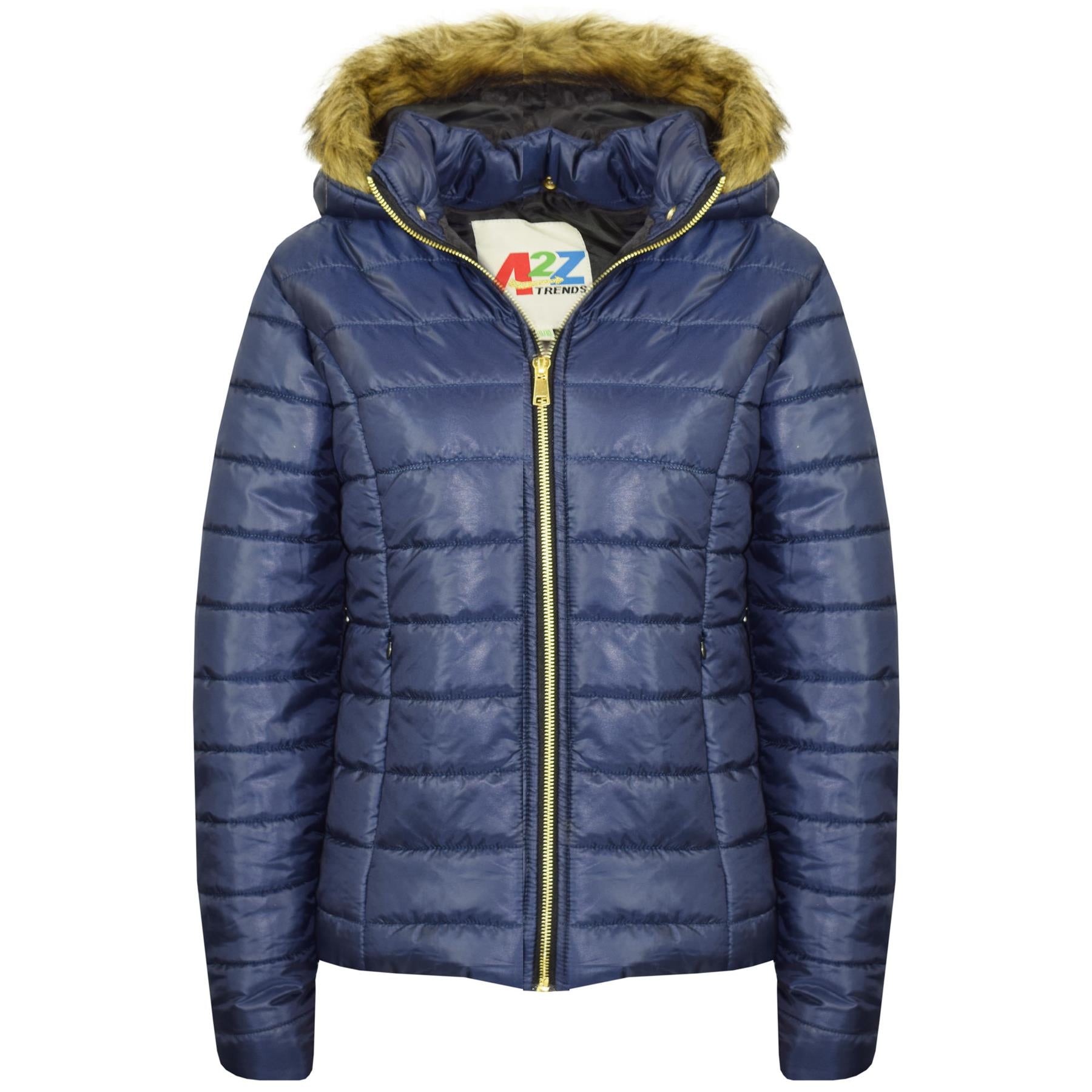 Kids Girls Jackets Navy Puffer Padded Quilted Detachable Hood Faux Fur Top Coats