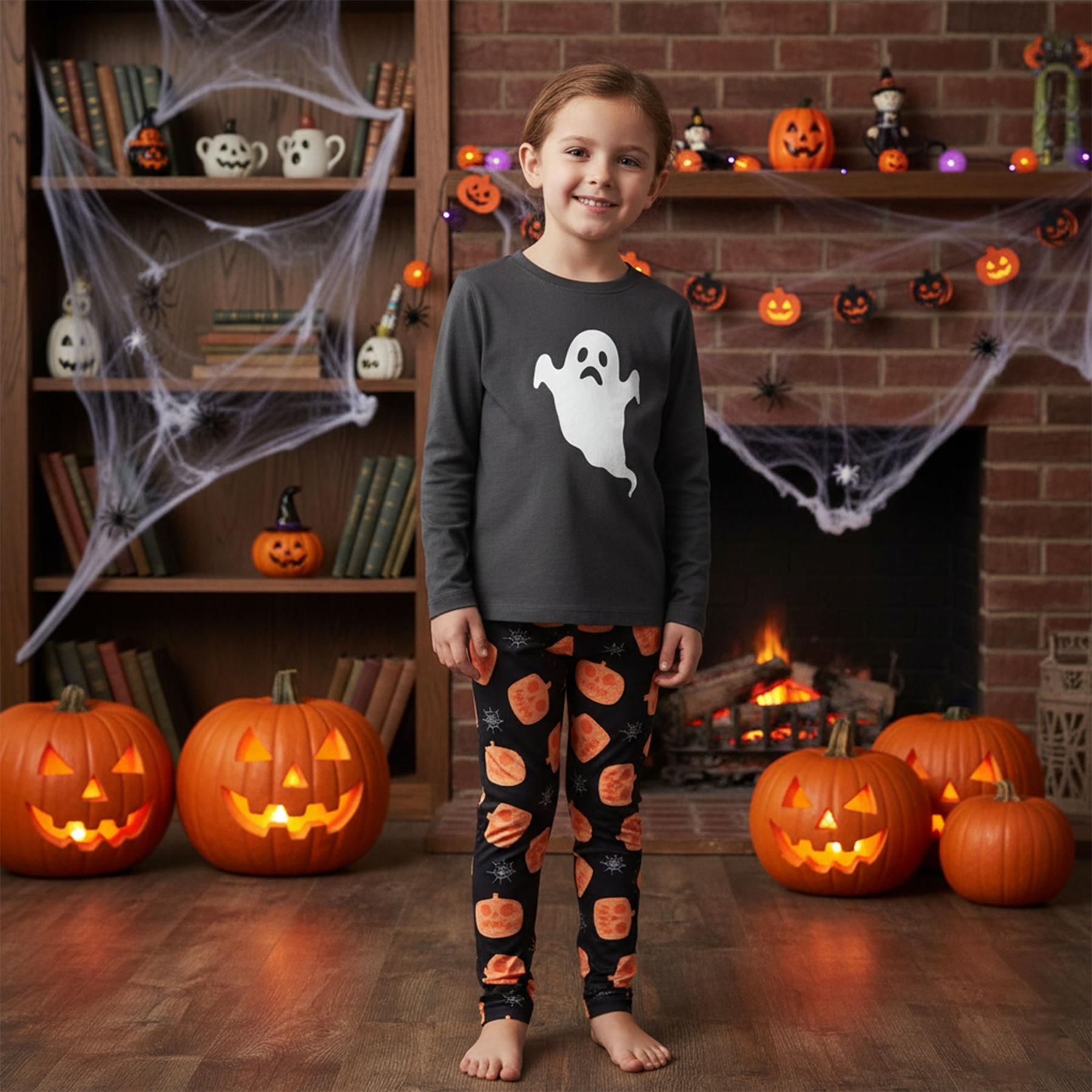 Girls Pumpkins & Spider Web Print Black Soft Stretchy Halloween Leggings