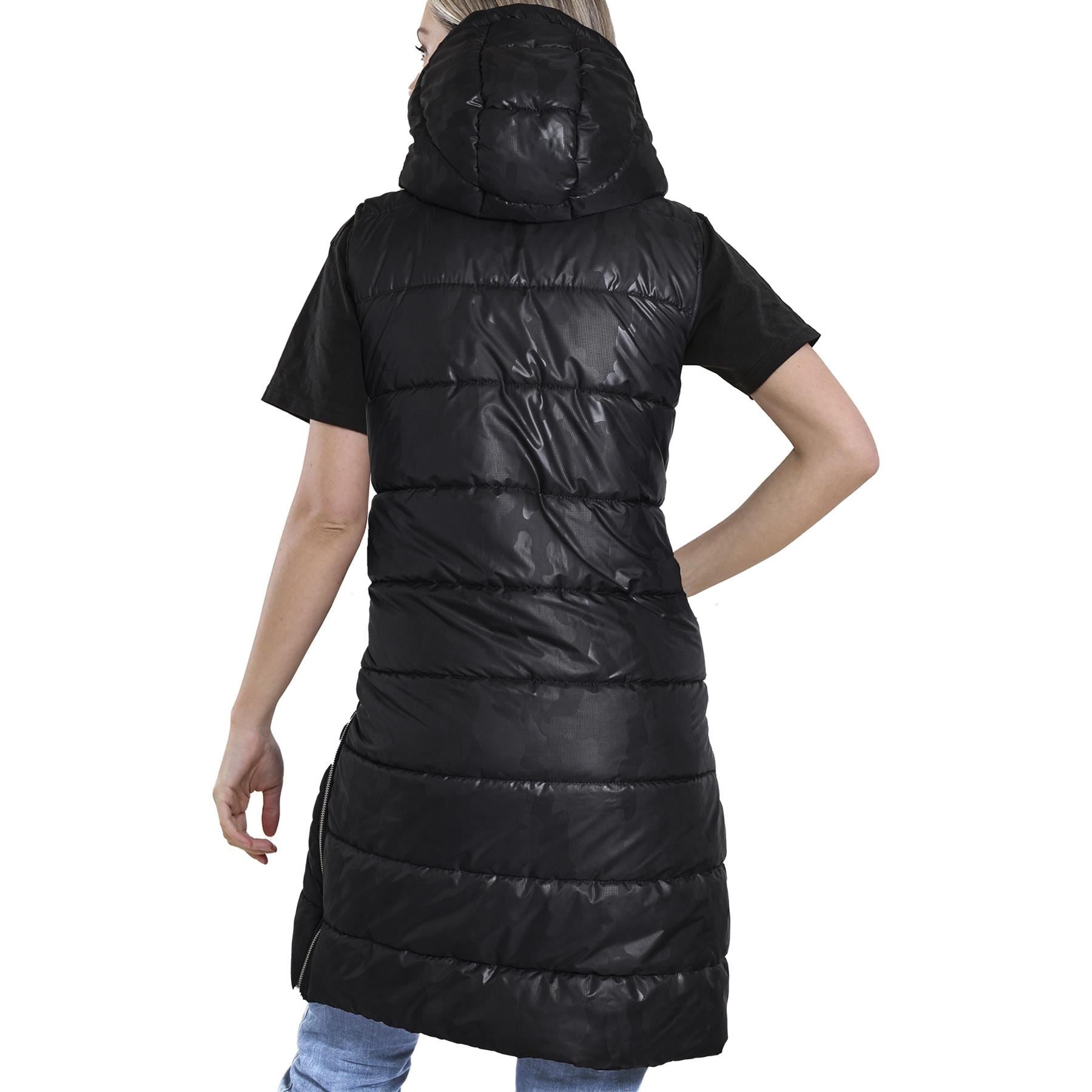 Ladies Oversized Zipped Hooded Long Line Camo Black Jacket