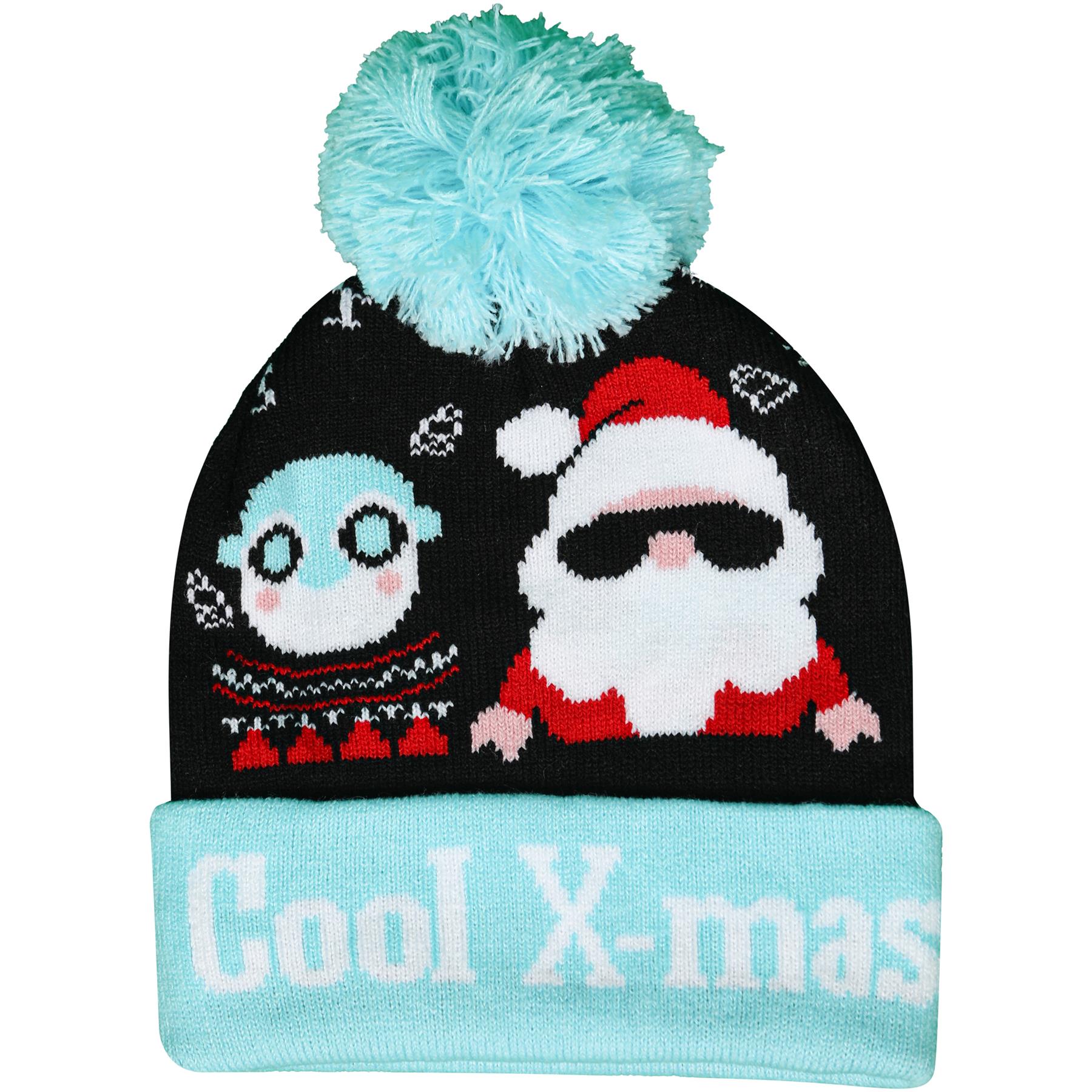 Kids Girls Hat Xmas Ho Ho Ho Pudding Knit Bobble Pom Pom Winter Warm Cozy Hats