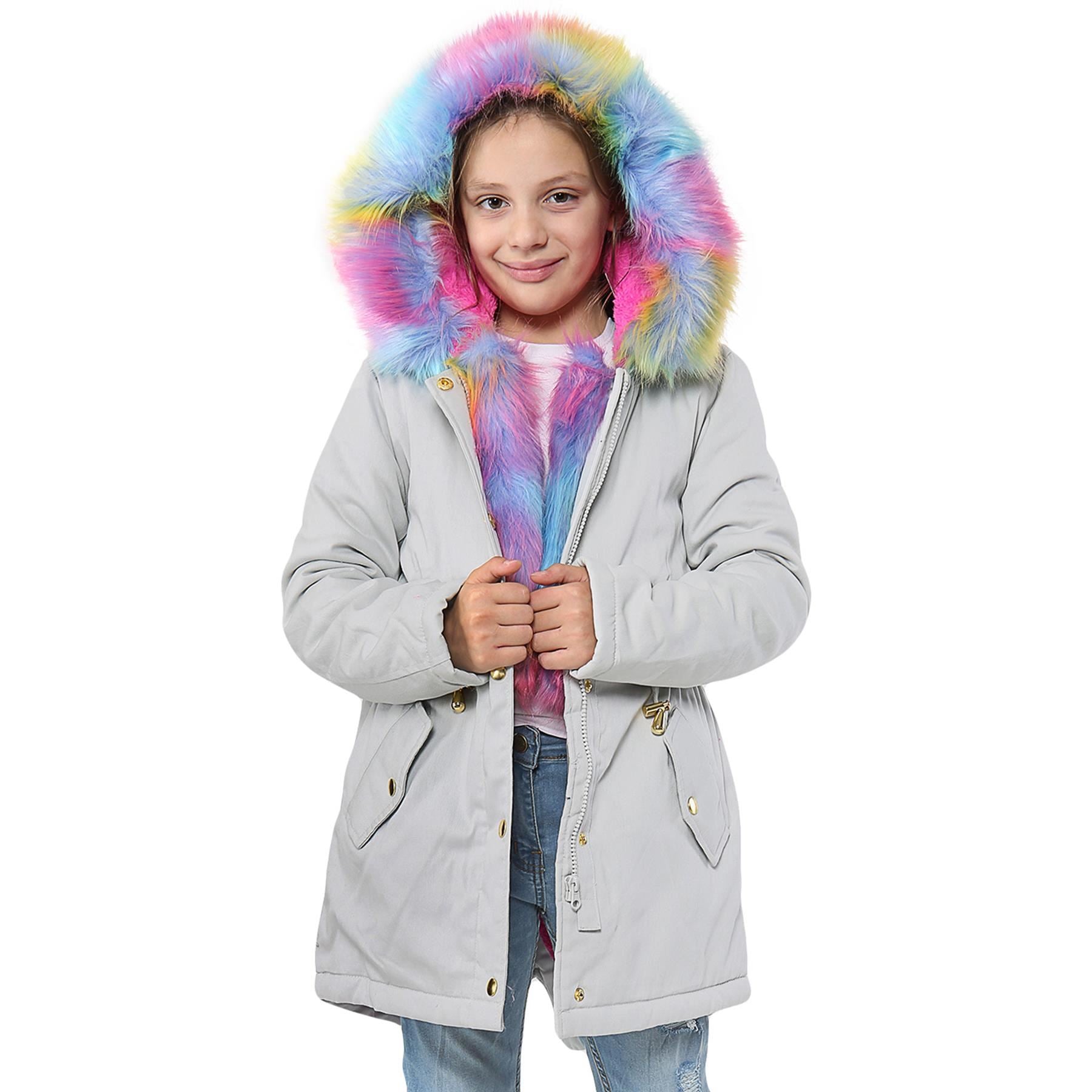 Kids Girls Hooded Jacket Rainbow Faux Fur Parka School Jackets Outerwear