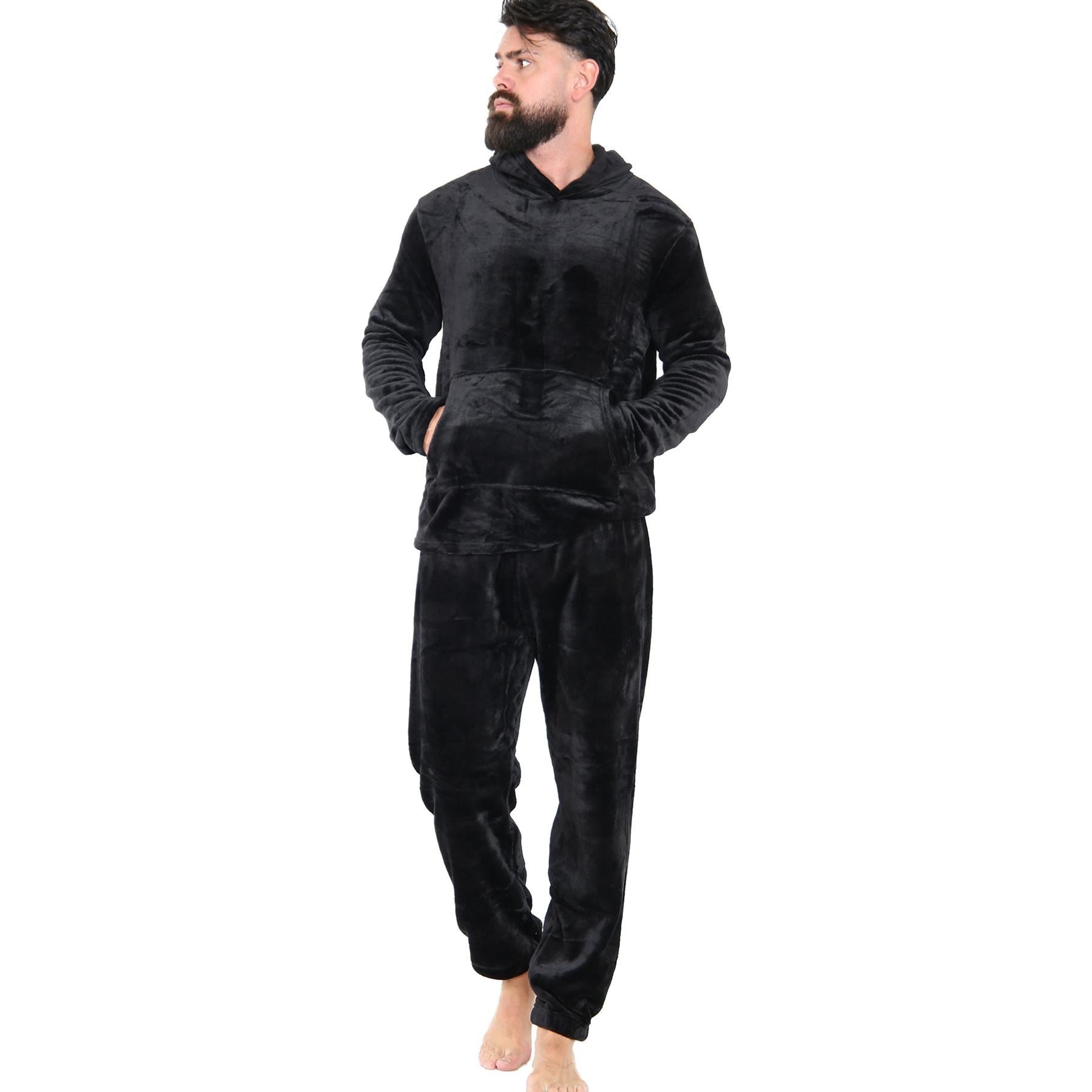 Mens Pyjamas Set Long Sleeve Hooded Plain Soft Fleece Pyjamas Set