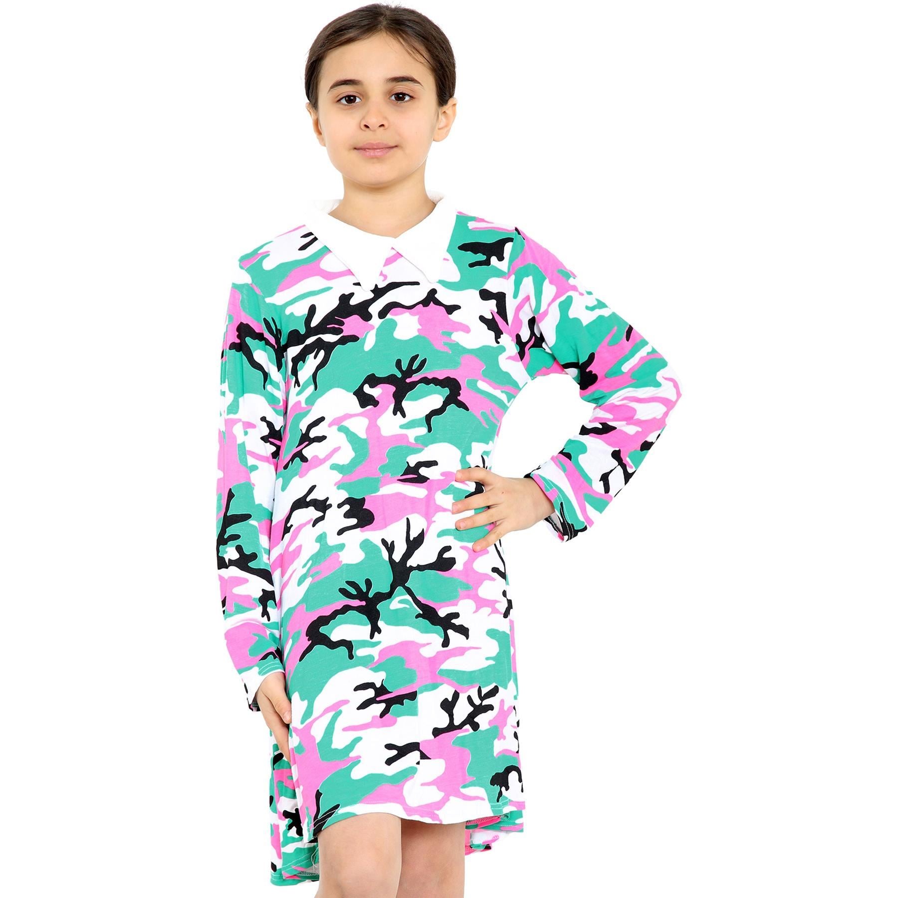 Kids Girls Swing Dress Peter Pan Collar Camouflage Print Flared Skater Dresses