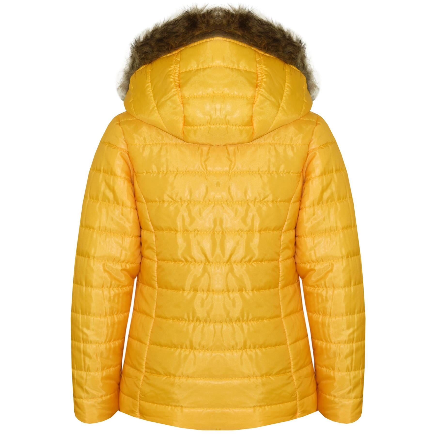 Kids Girls Jackets Mustard Puffer Padded Quilted Detachable Hood Faux Fur Coats