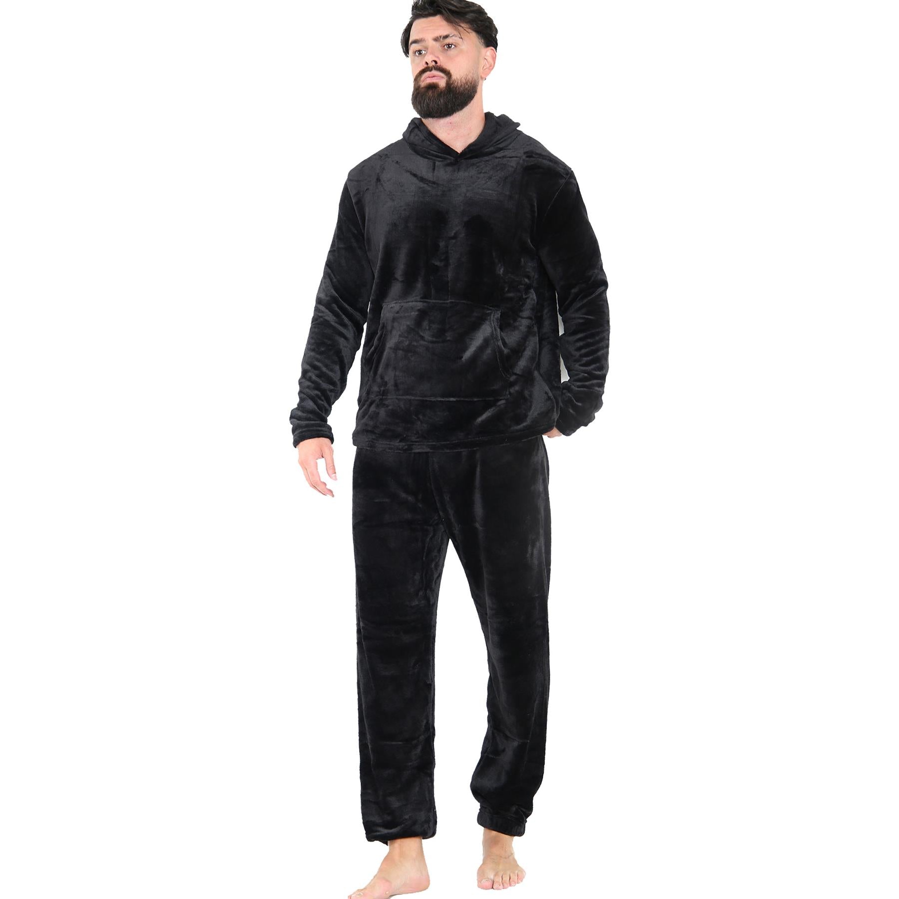 Mens Pyjamas Set Long Sleeve Hooded Plain Soft Fleece Pyjamas Set