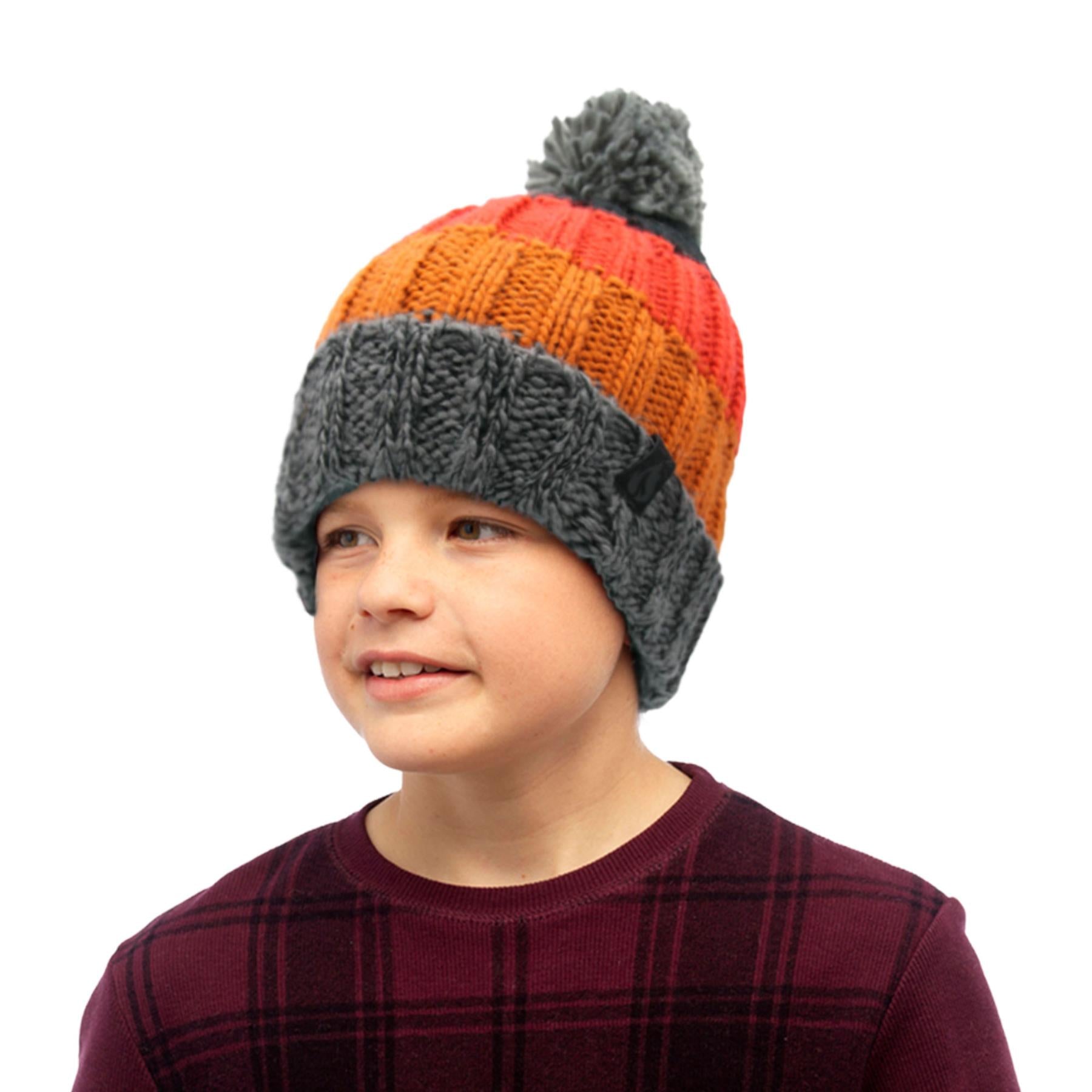 Kids Boys Hat 2 Pack Nordic Block Striped Bobble Knit Pom Pom Winter Warm Hats