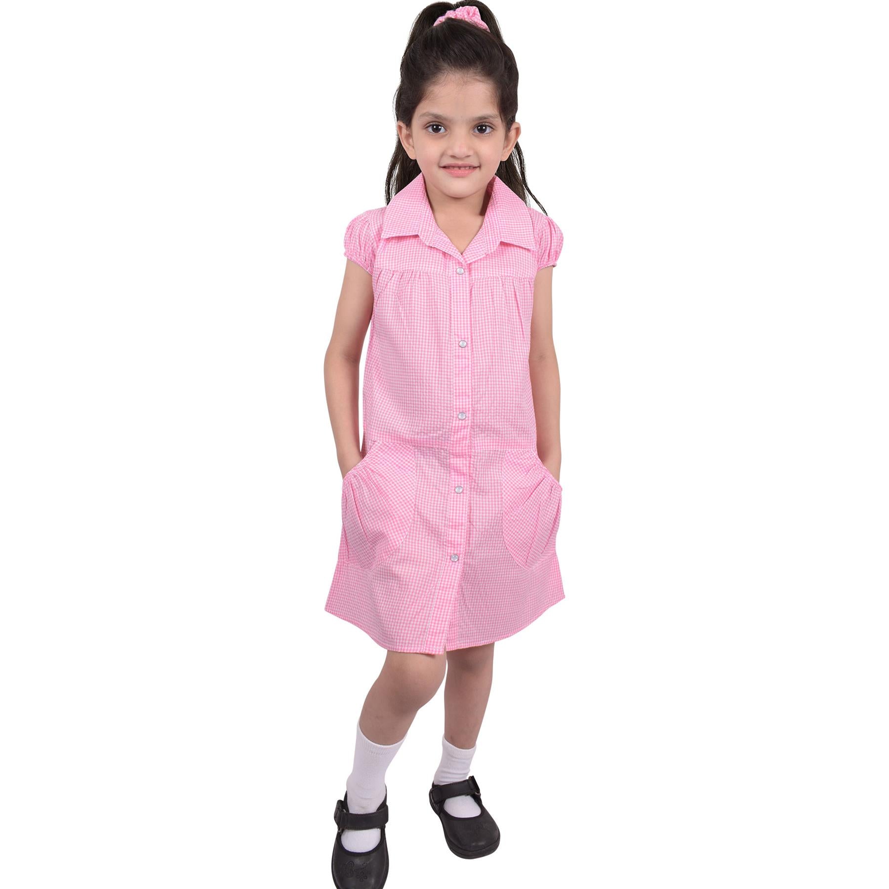 Girls Uniform School Dress Gingham Check Printed Dress With Matching Scrunchies