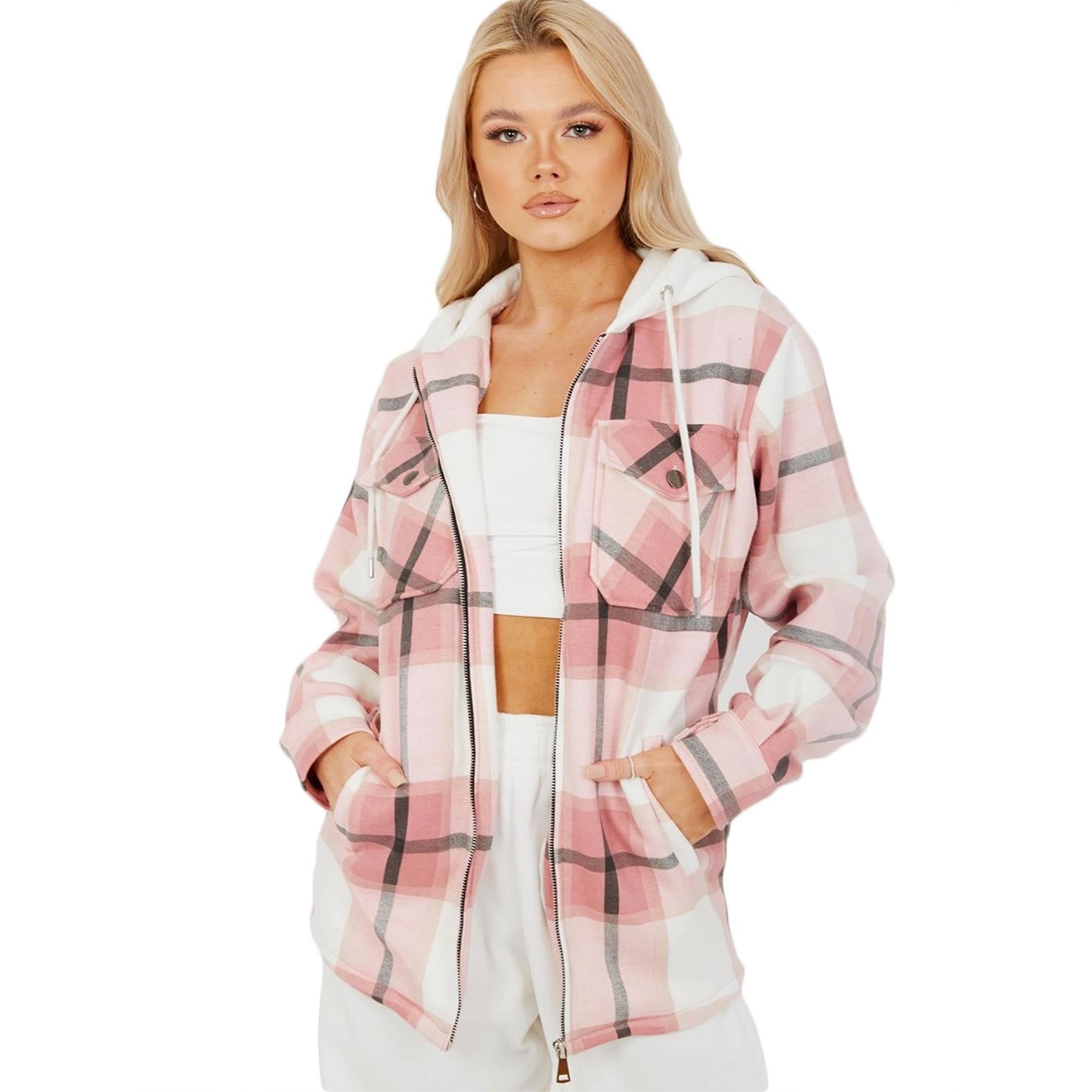 Kids Girls Zip Up Hooded Jackets Pink Check Print Utility Pockets Fleece Coats