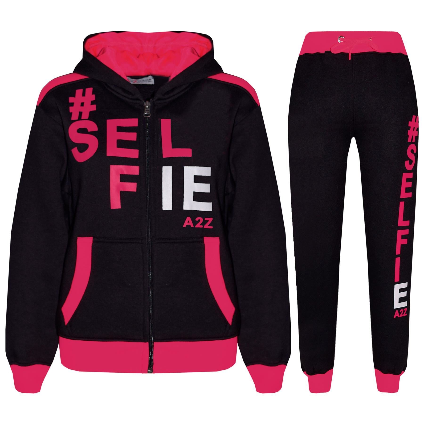 A2Z 4 Kids Girls Boys #SELFIE Tracksuit Hoodie & Joggers Outfit Set Top Bottom