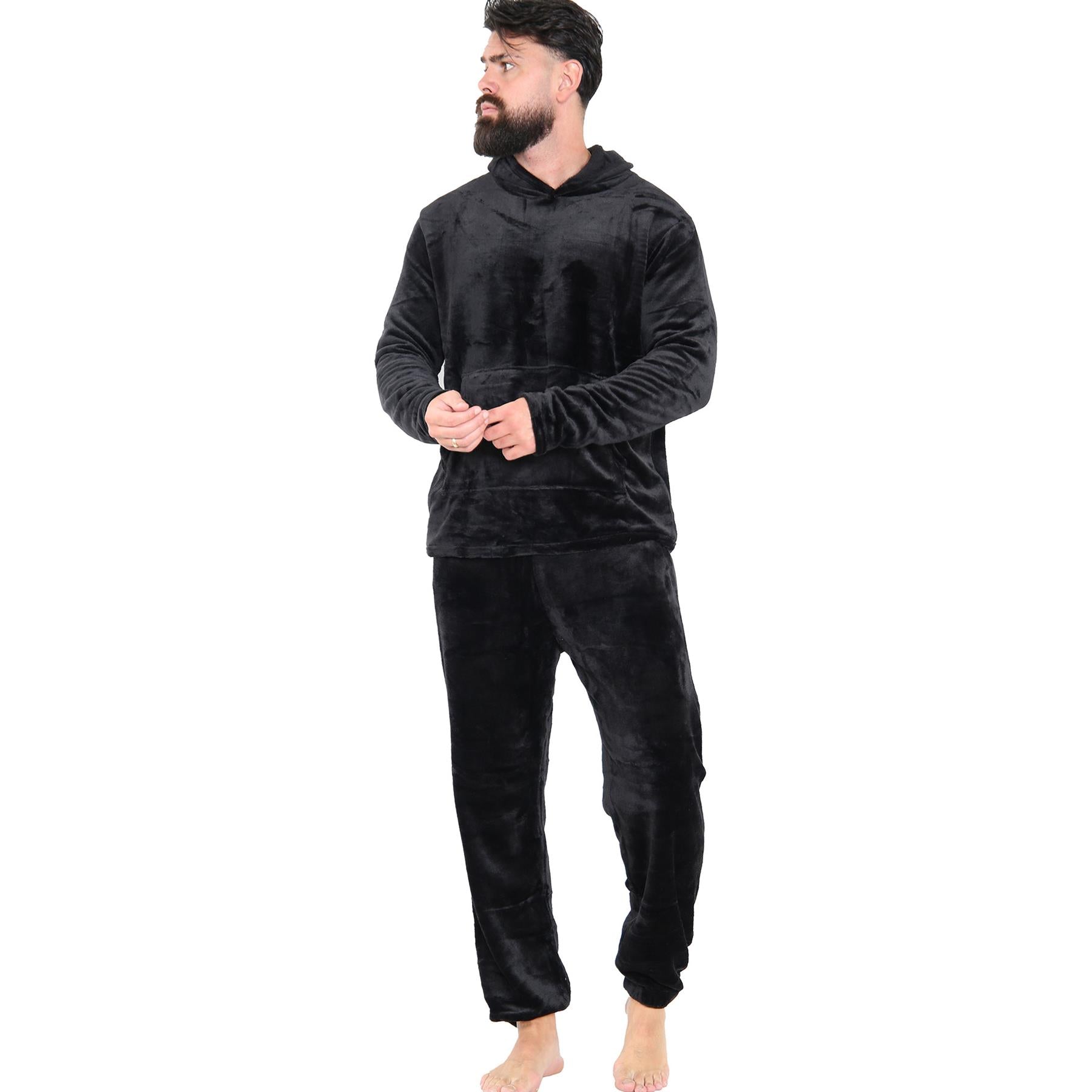 Mens Pyjamas Set Long Sleeve Hooded Plain Soft Fleece Pyjamas Set