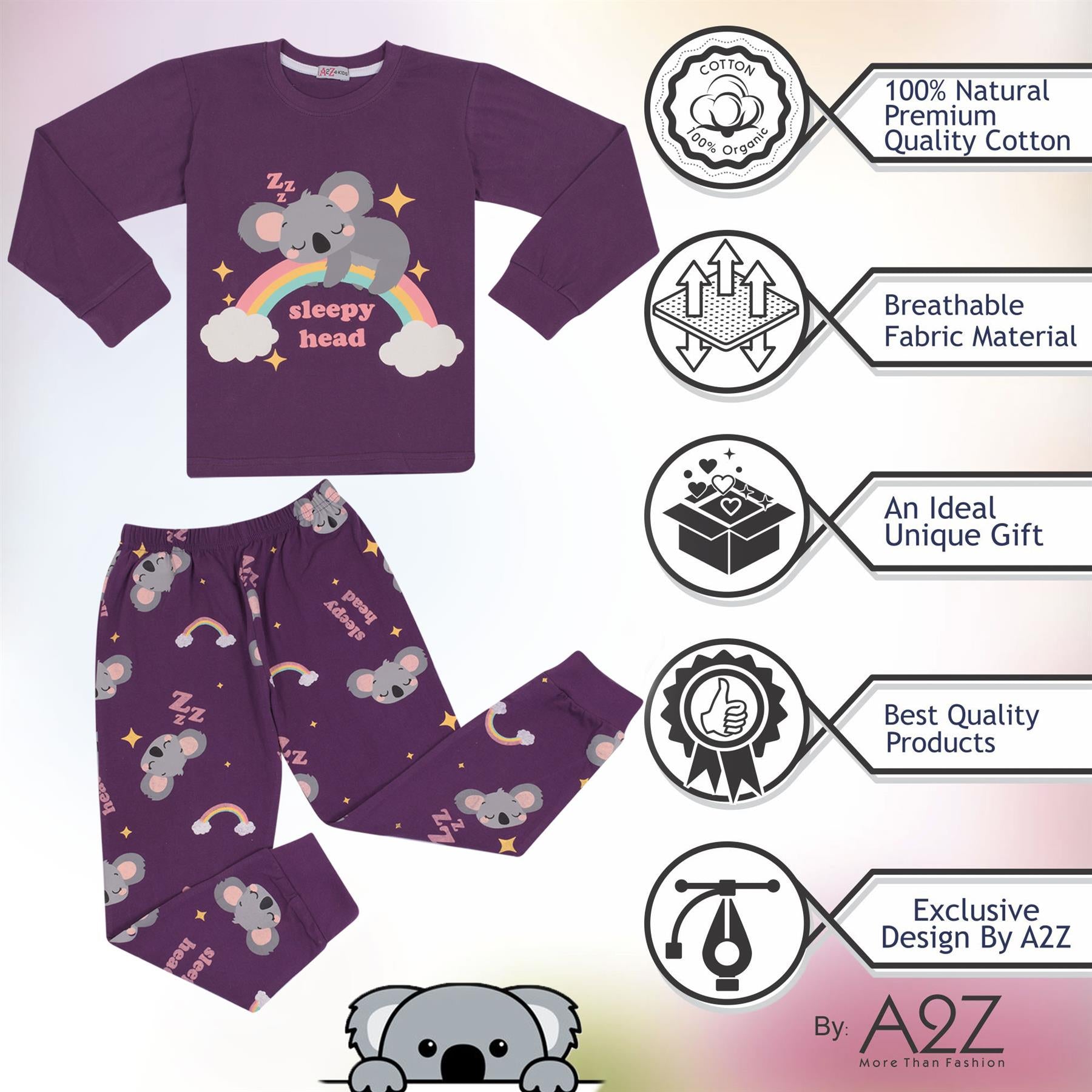 Kids Girls Pyjamas Rainbow & Koala Print Purple Lounge Suit Set