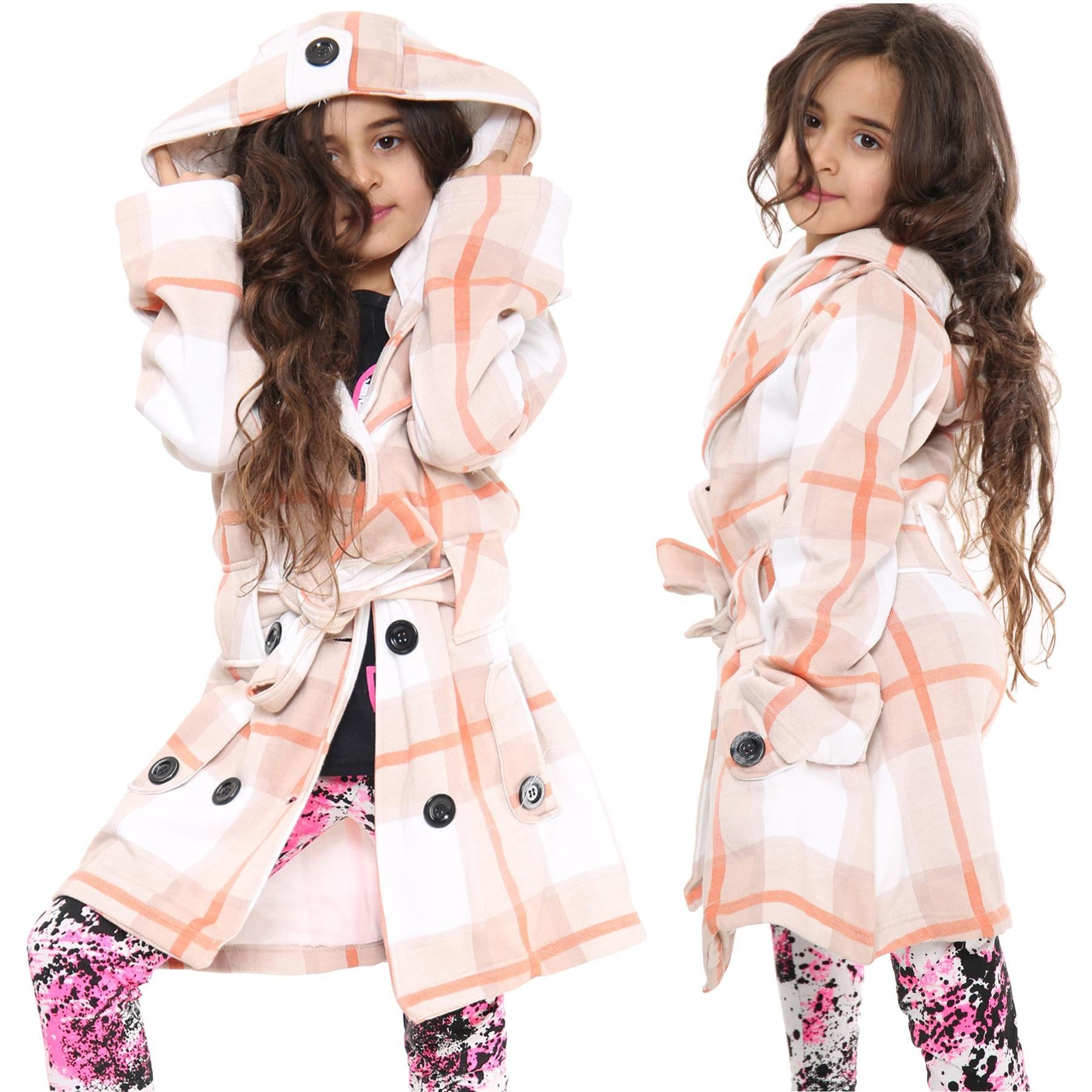 Kids Girls Overcoats Hooded Trench Coats Lapels Stone Check Long Parka Jackets
