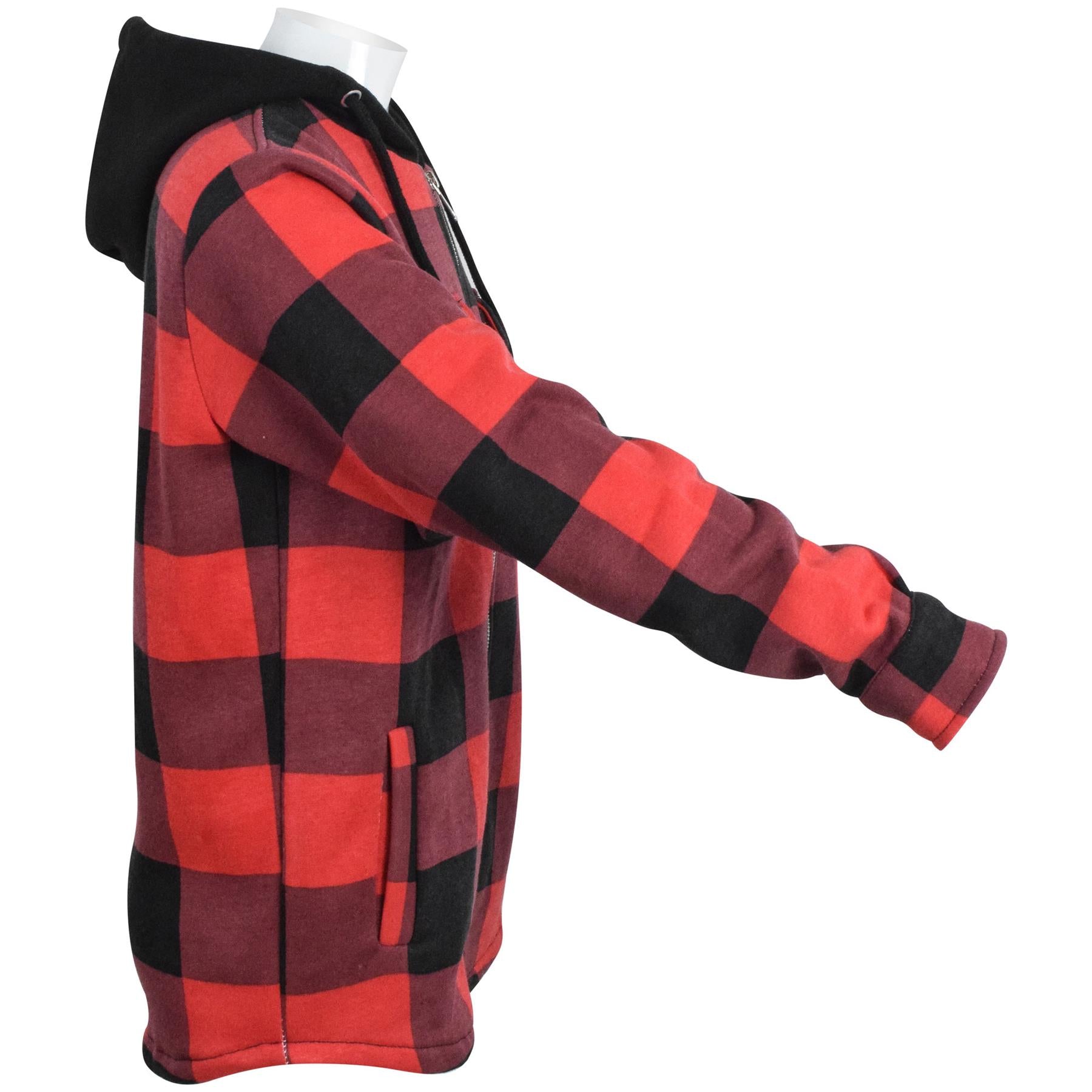 Kids Girls Zip Up Hooded Jackets Red Check Print Utility Pockets Fleece Coats