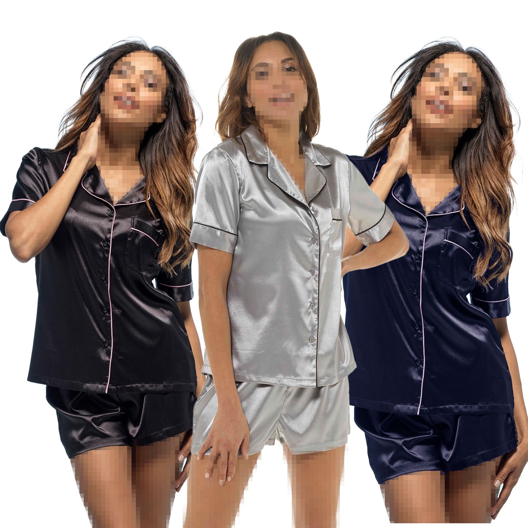 A2Z Ladies Silk Satin Pyjamas Set Button Down Top Shorts Sleepwear Bride PJS Set