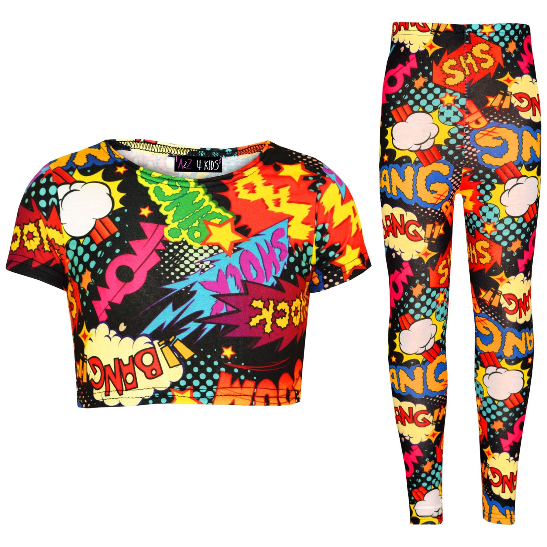 Kids Girls Wow Bang Boom Print Crop Top & Legging Set