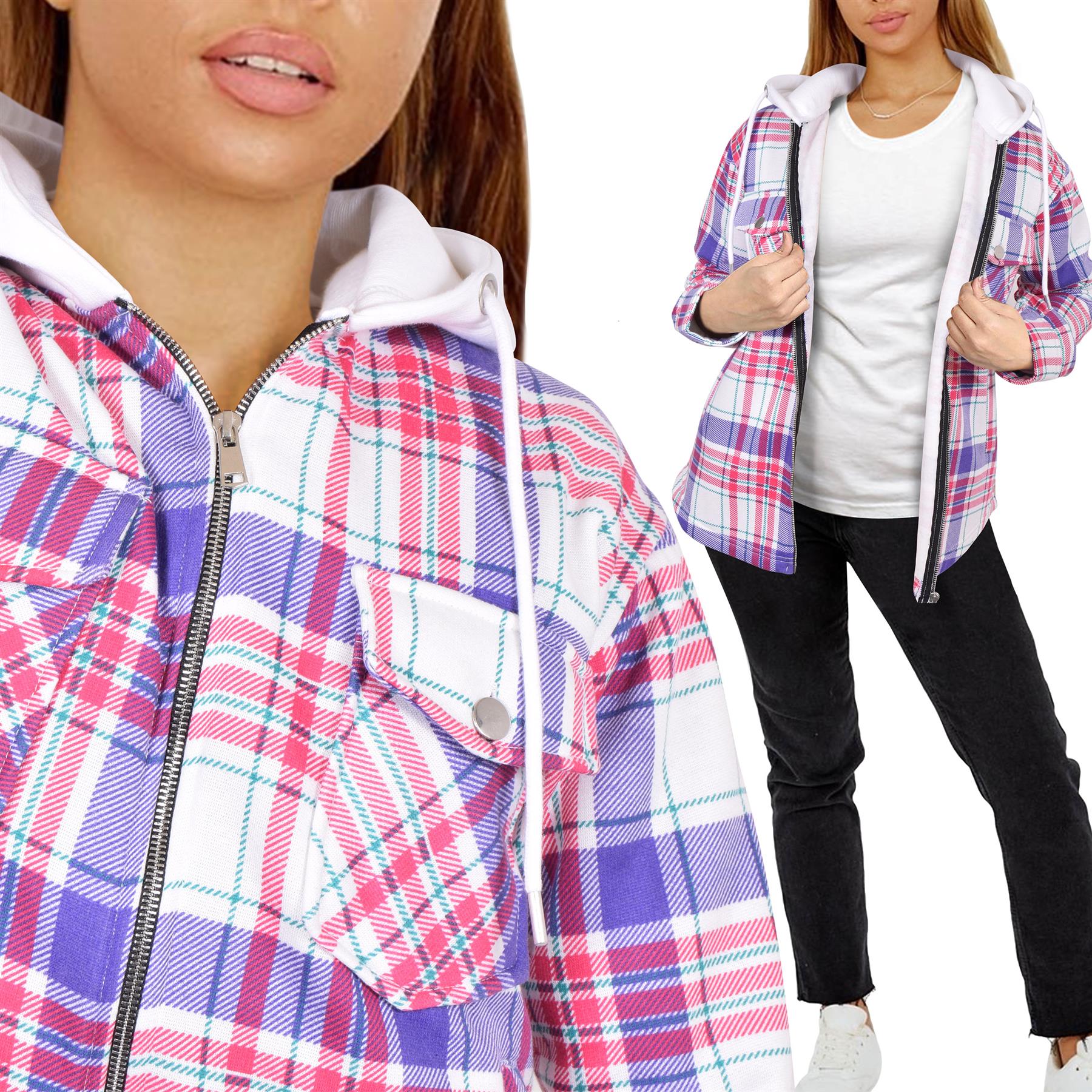 Ladies Shacket Checked Print Oversize Hooded Coat