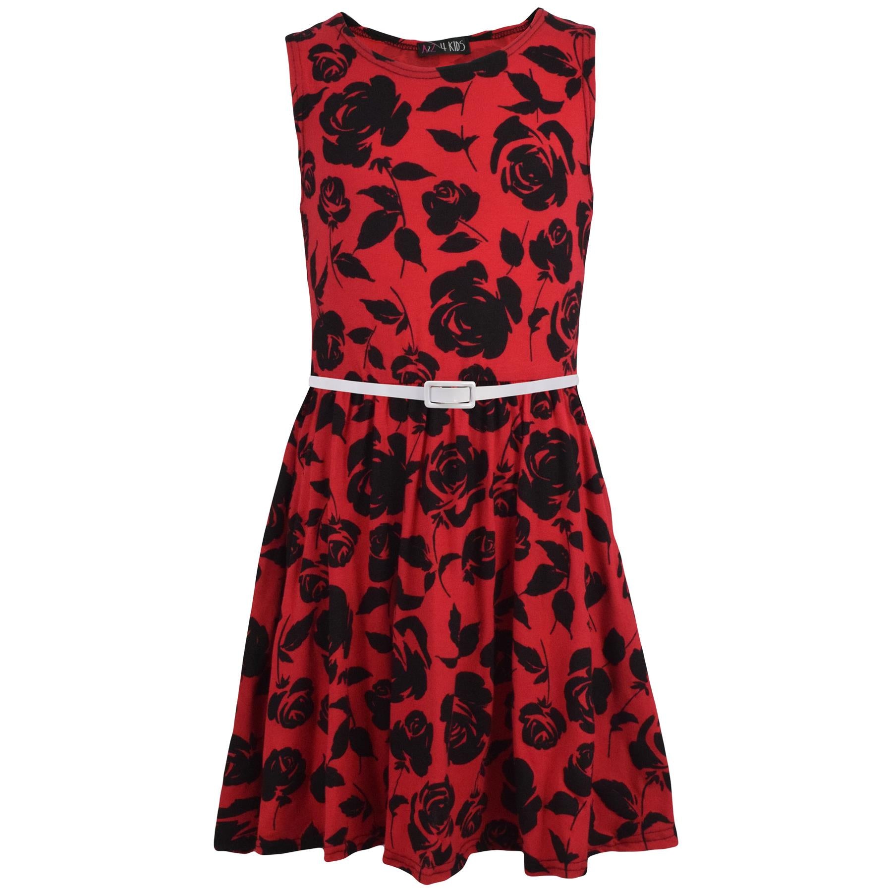 Kids Girls Skater Dress Red Sleeveless Flower Print Dance Party Summer Dress