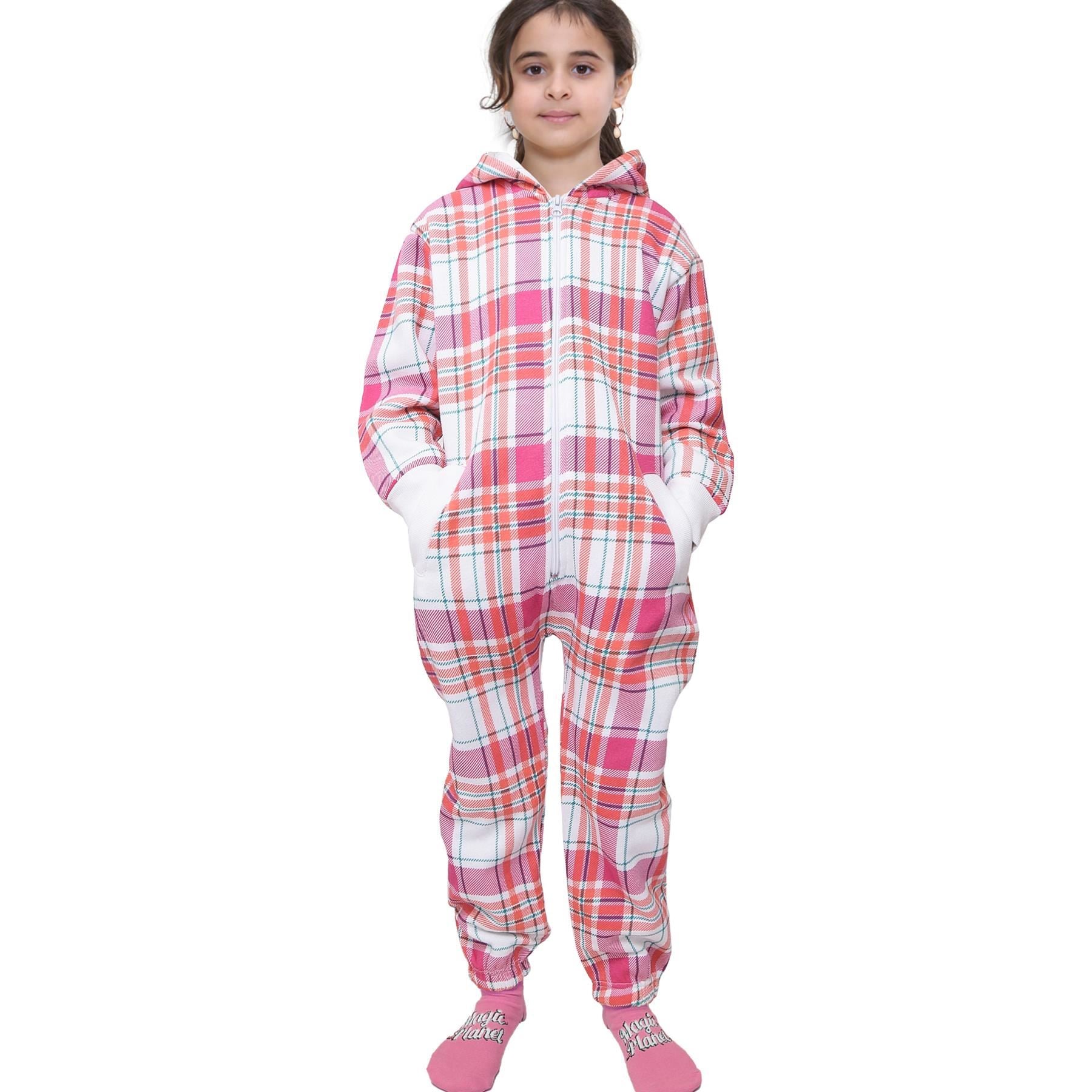 A2Z 4 Kids Onesie One Piece Kids Pyjamas Sleepsuit Check Printed Girls Outfit