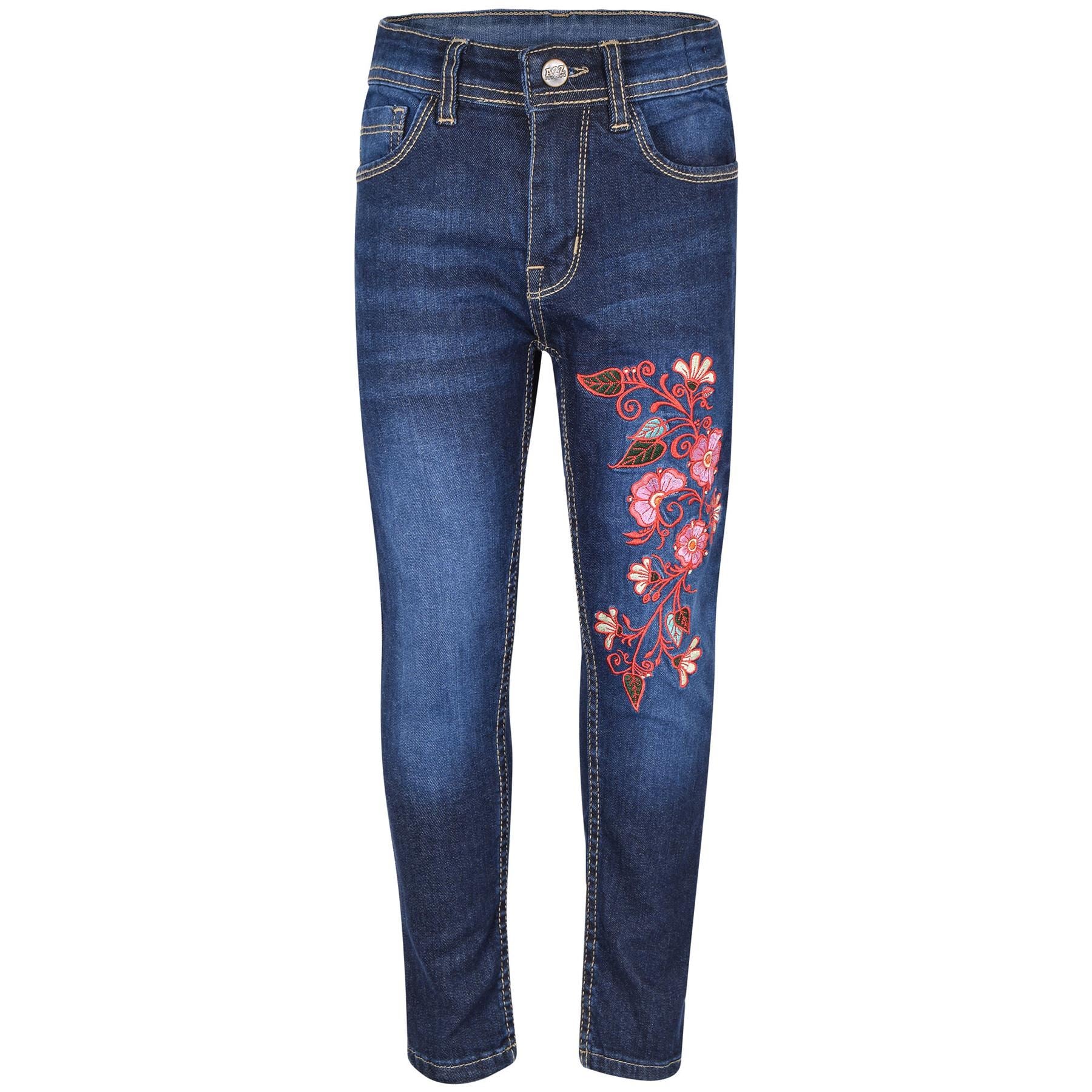 Kids Girls Embroidered Stretchy Dark Blue Denim Jeans