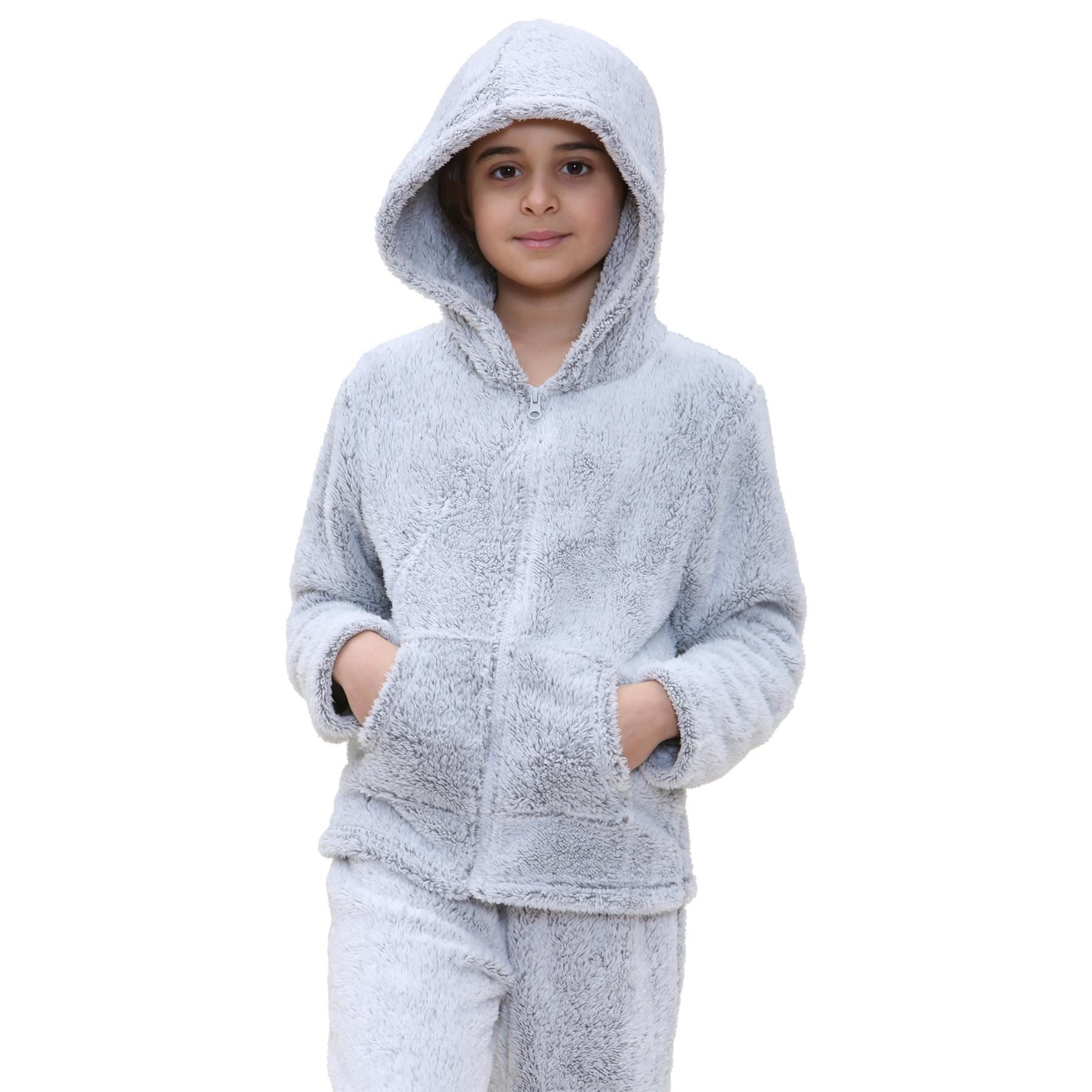 Kids Boys Girls Zipped Pyjama Extra Soft Hooded Thick Pile Fleece PJS Set