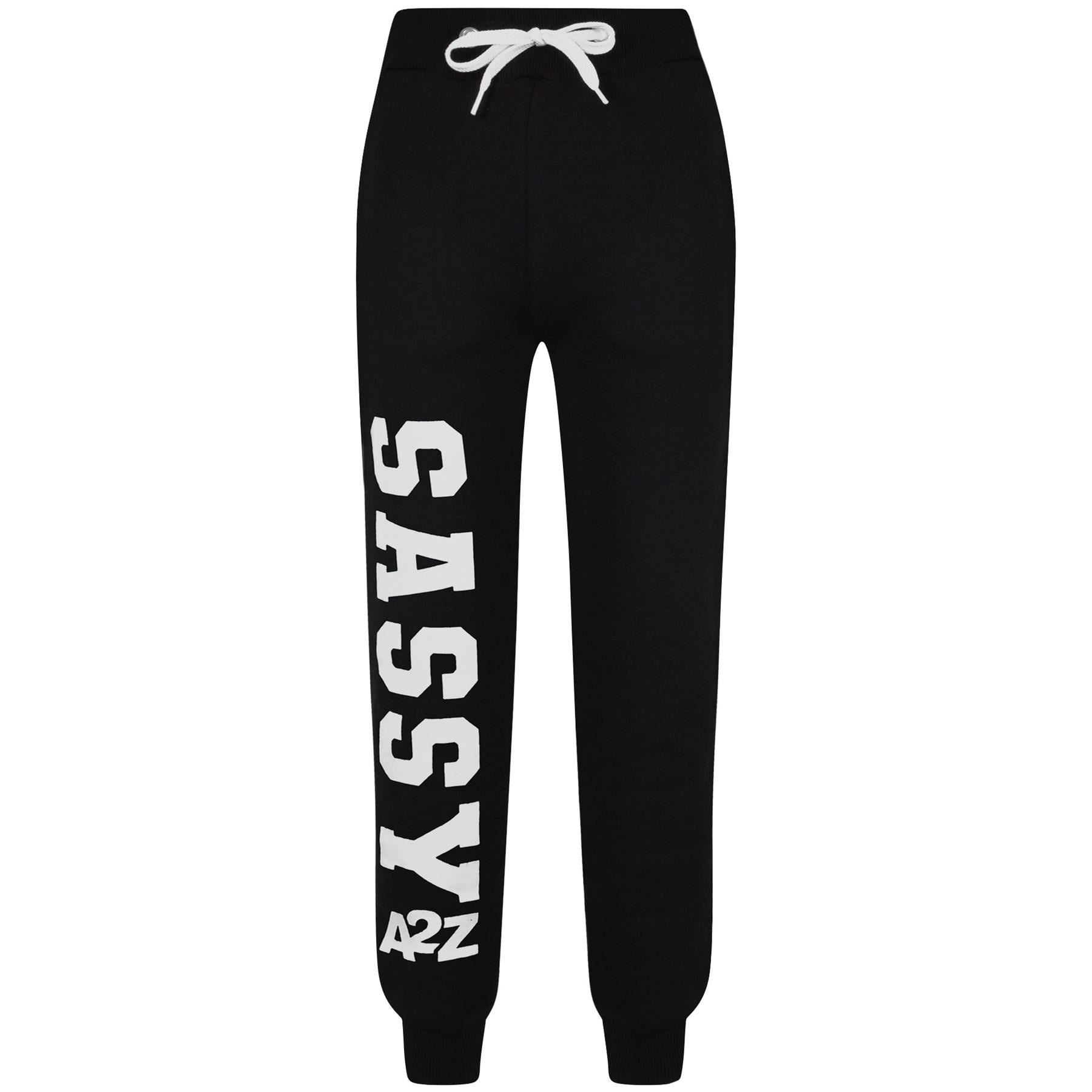 Kids Girls Sassy Print Tracksuit Black & White Hooded Top & Bottom Jogging Suit