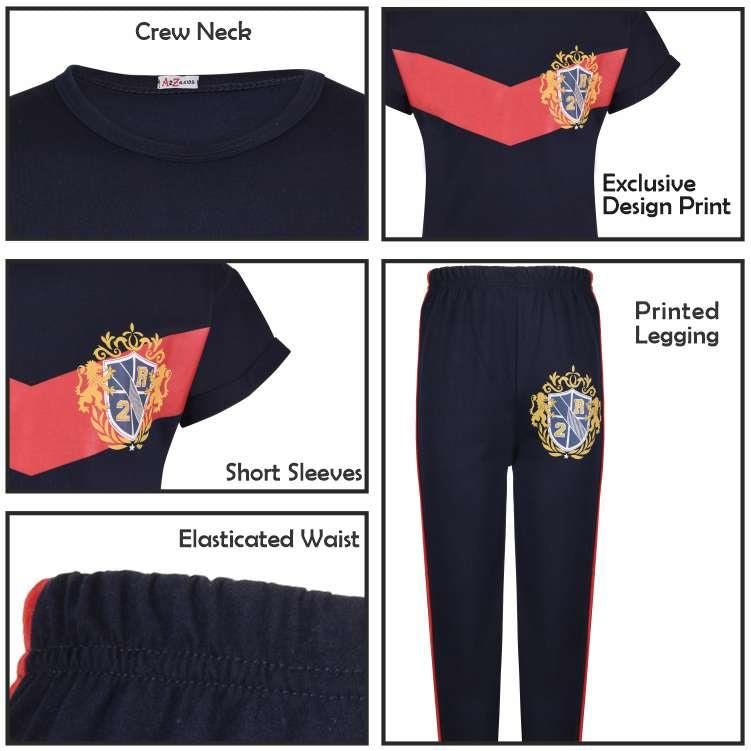 Kids Girls Lion Varsity Logo Print Navy T Shirt Top & Legging Set