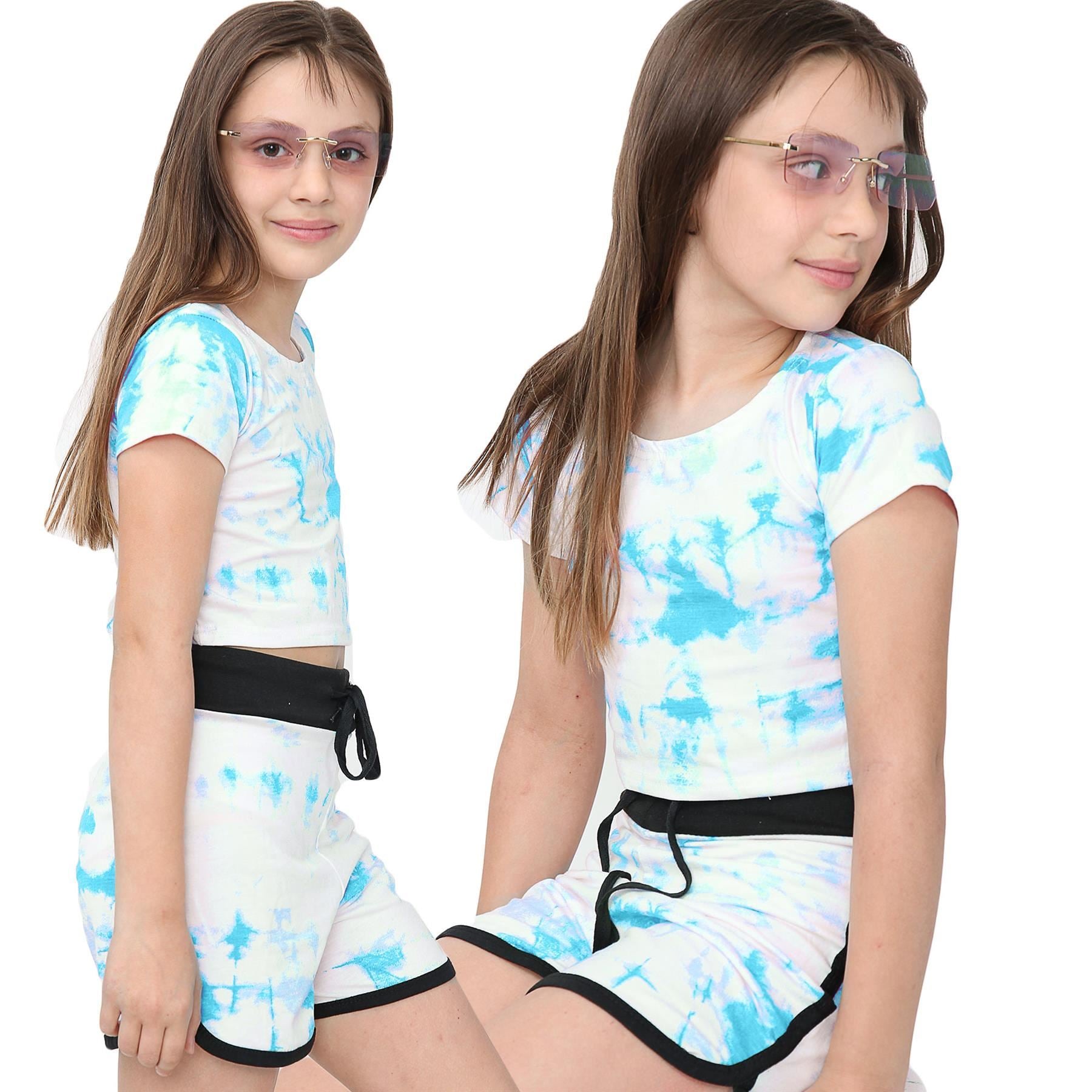 Girls Blue Tie Dye Print Summer Top & Hot Shorts Set