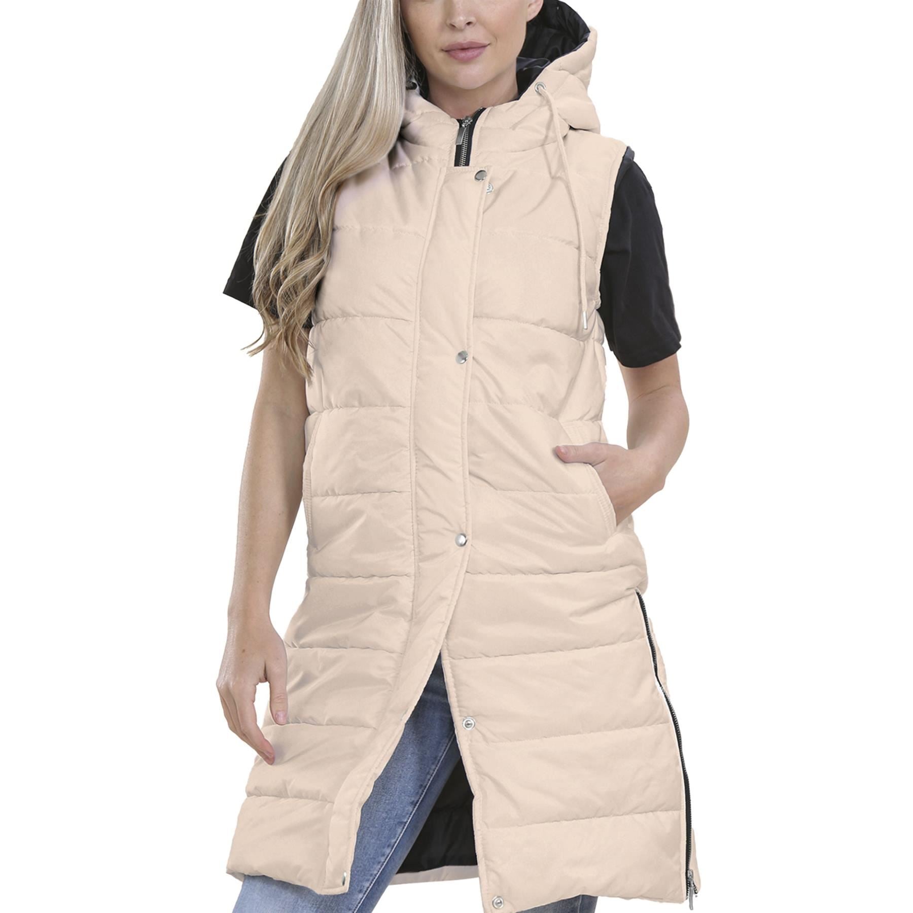 Ladies Oversized Zipped Gilet Long Line Style Stone Jacket Sleeveless Long Coat