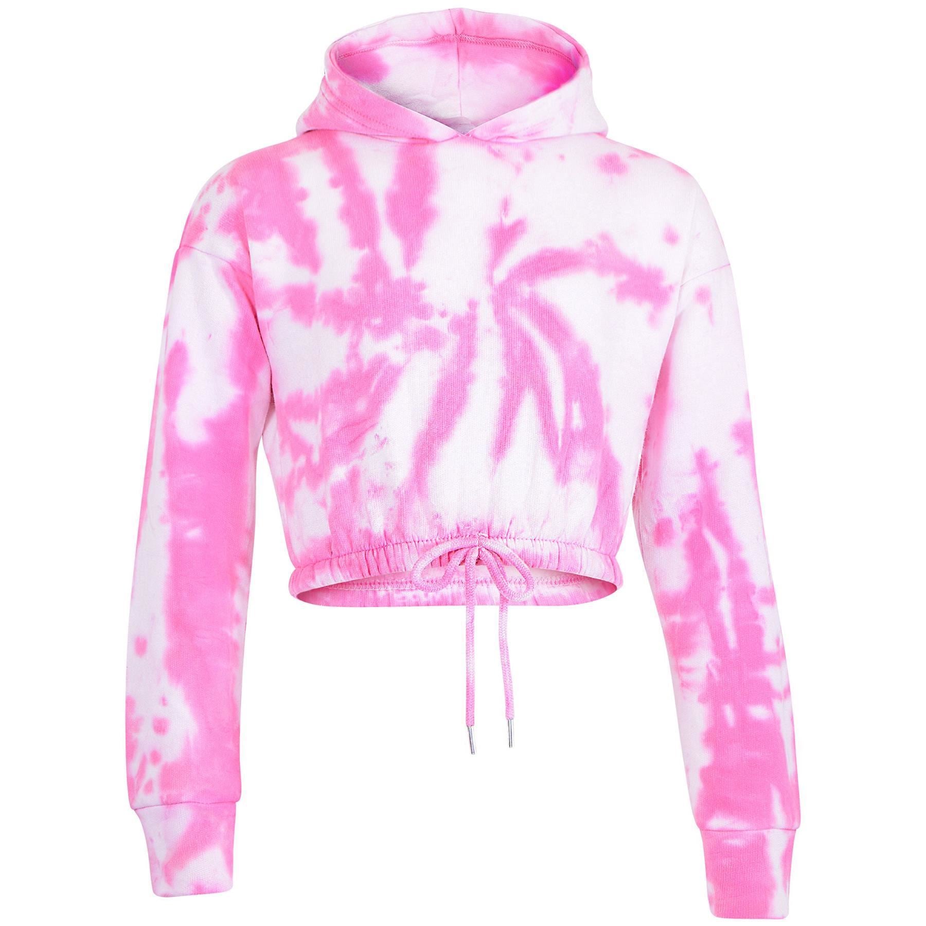 Kids Girls Tie Dye Pink Tracksuit Gym Cropped Hoodie Sweatpants