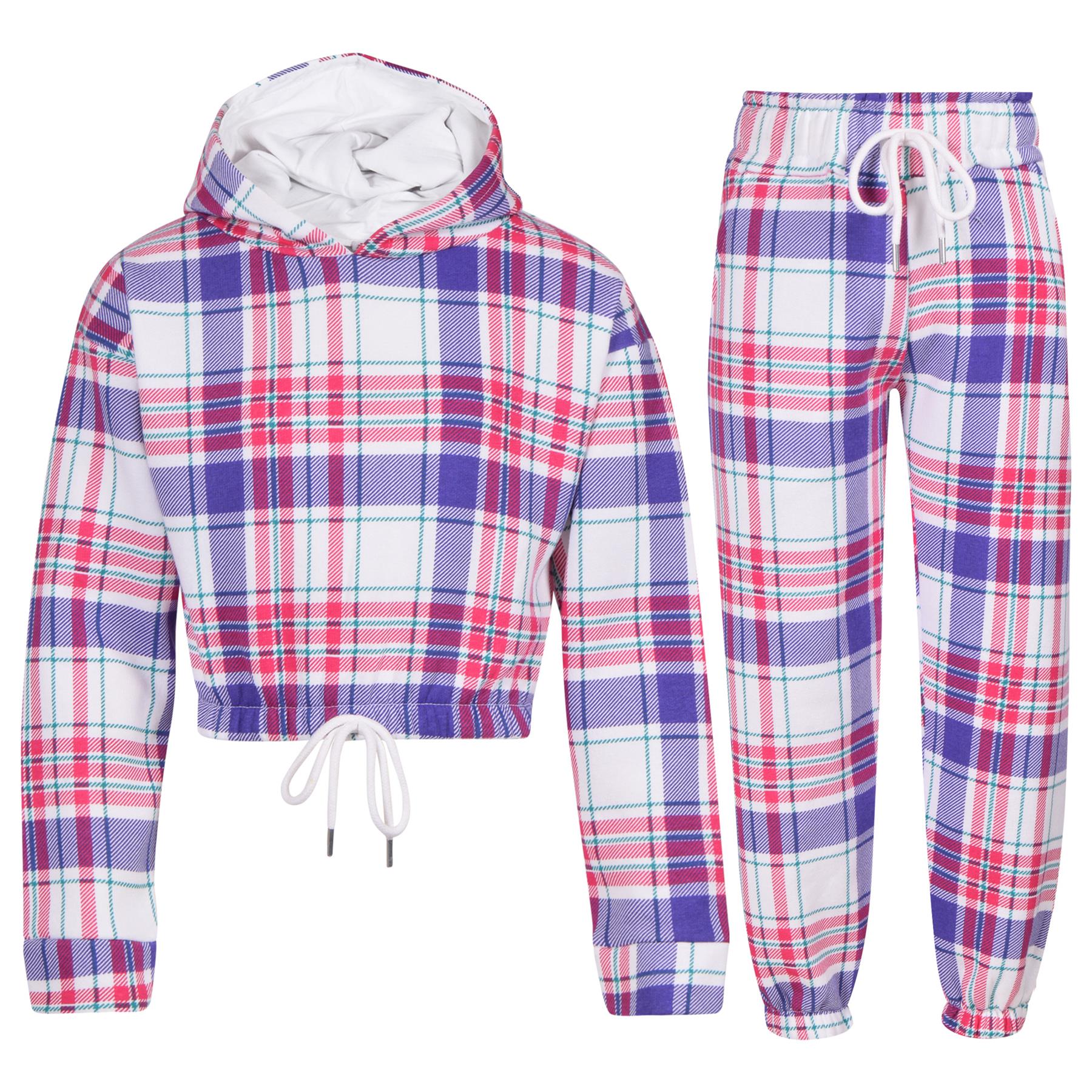 Girls Purple Check Print Cropped Hooded Tracksuit