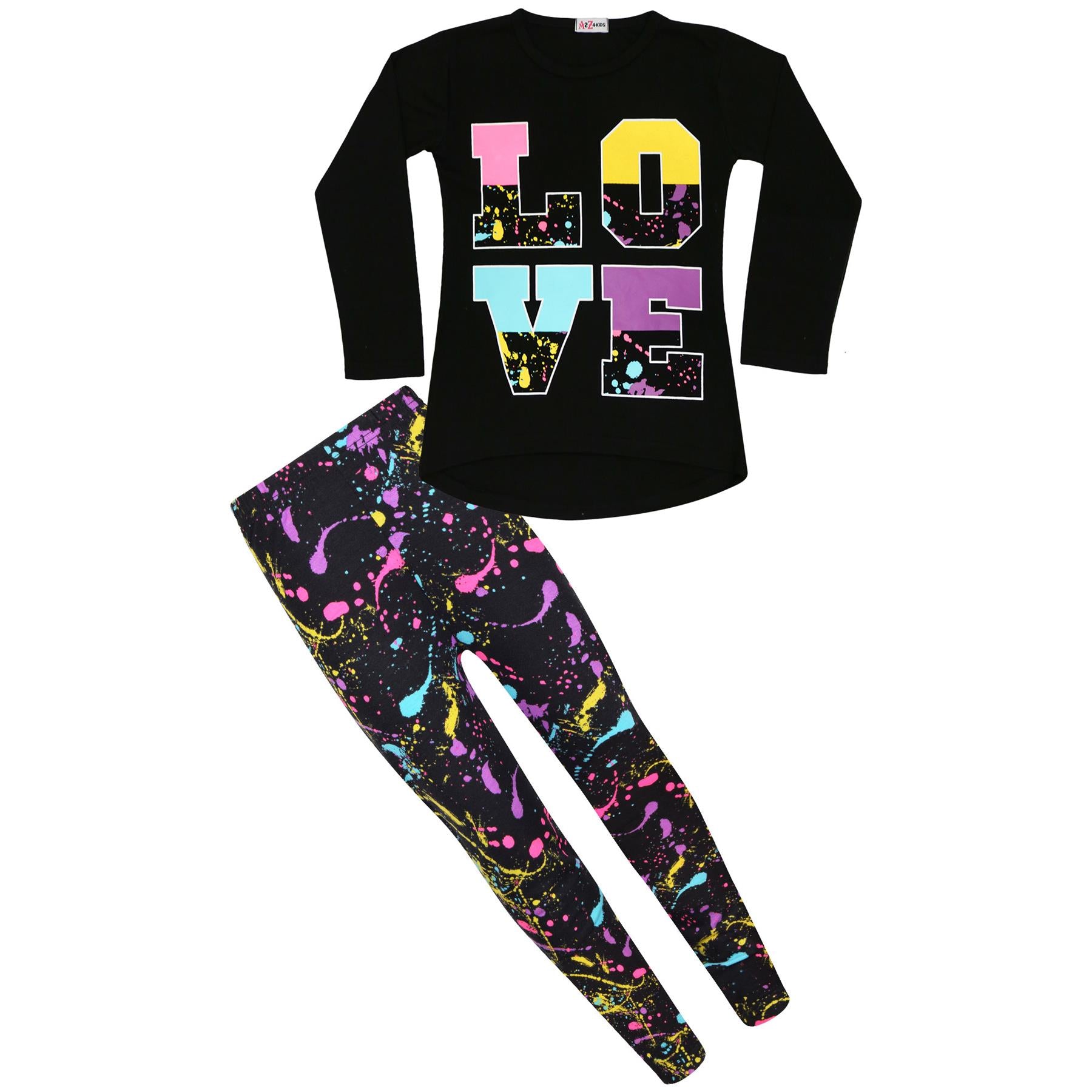 Girls Love Print Black Long Sleeves T Shirt Top & Legging Set