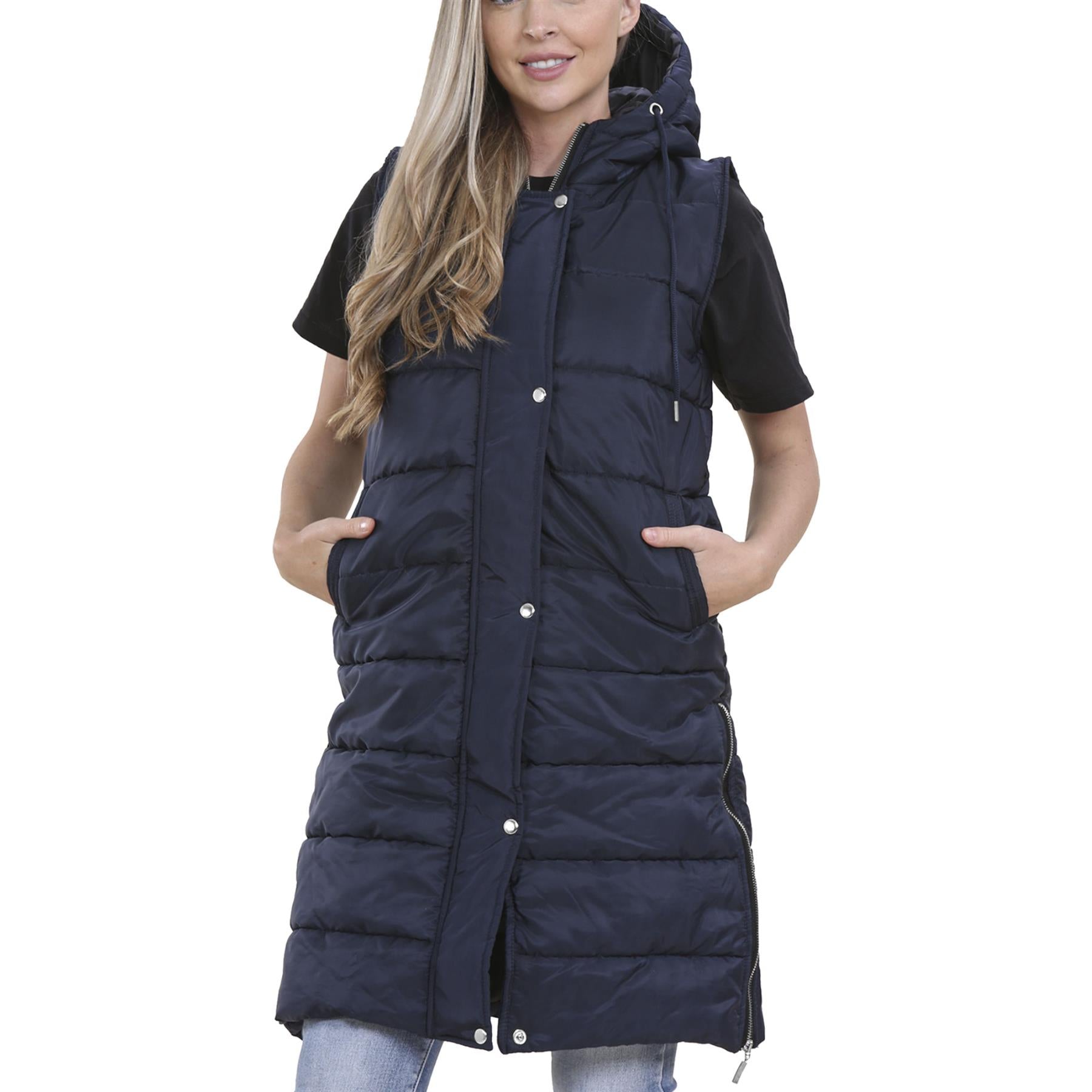 Ladies Oversized Zipped Gilet Long Line Style Navy Jacket Sleeveless Long Coat