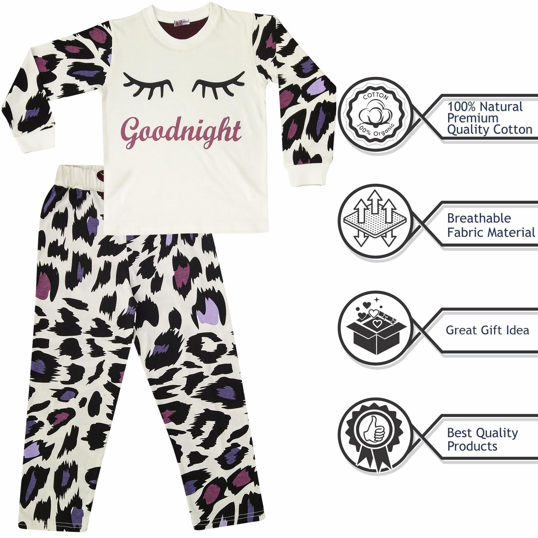 Kids Girls Goodnight Pyjamas 2 Piece Leopard Print Sleepwear Set