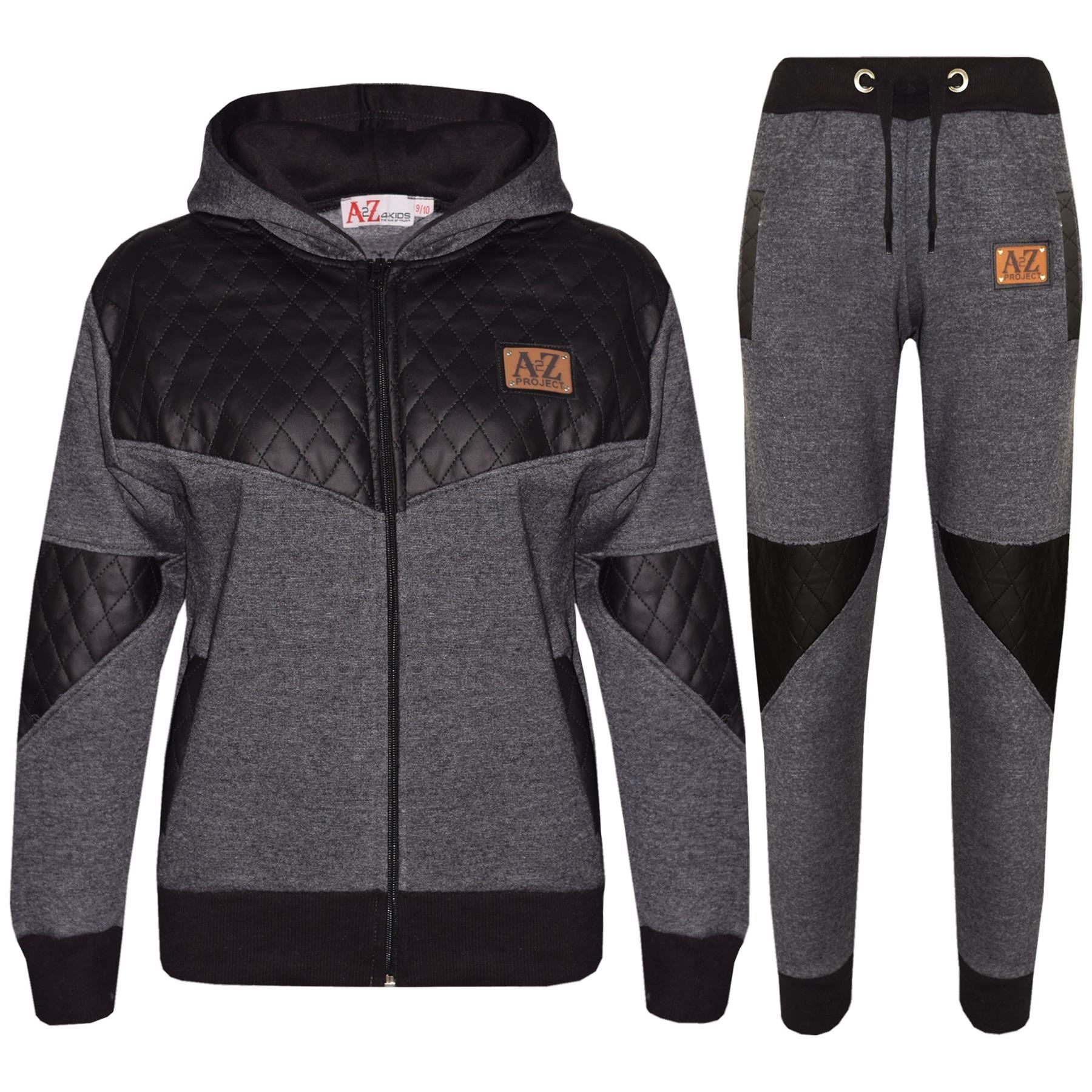 Kids Girls Boys A2Z Project Fleece Hooded Charcoal Tracksuit