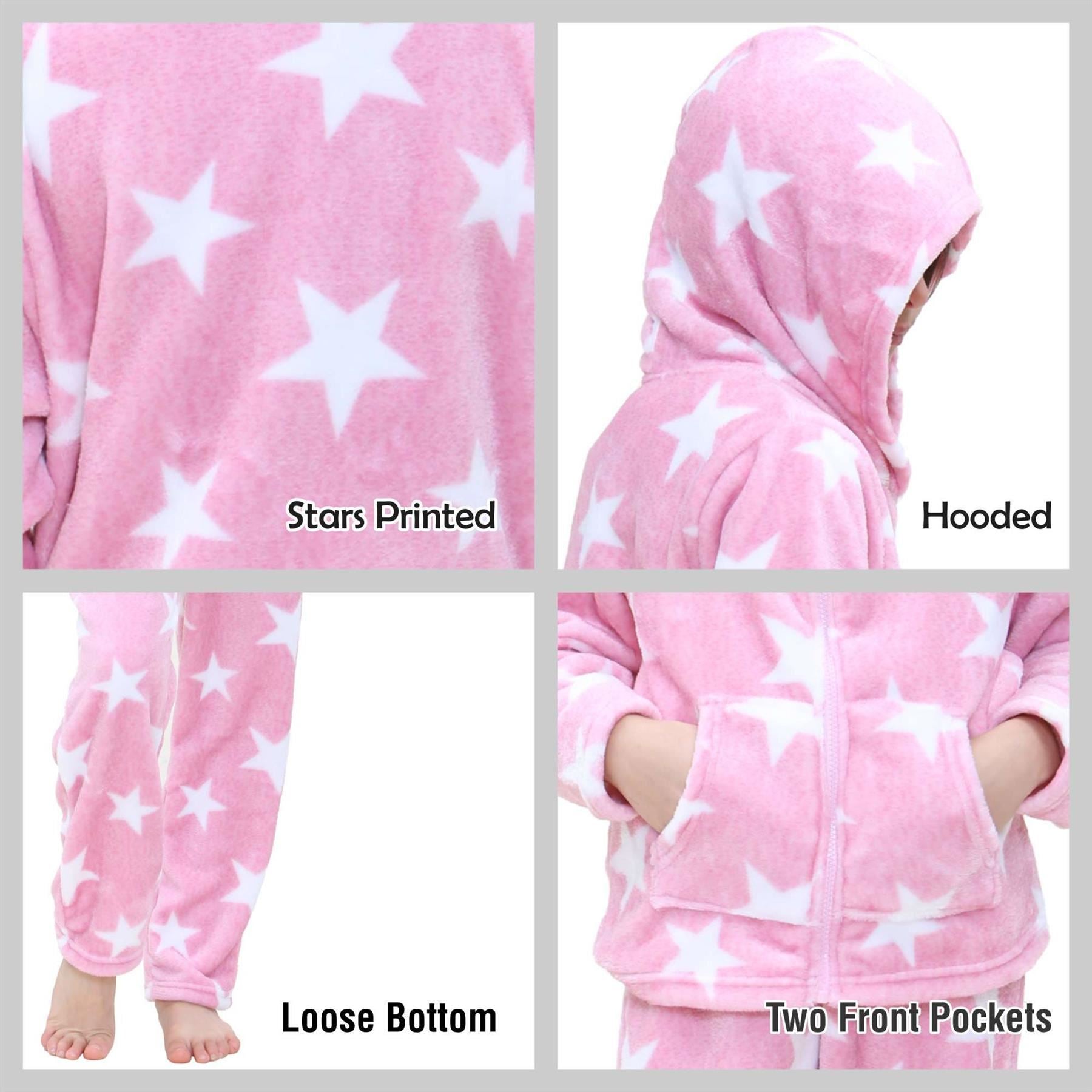 Kids Girls Stars Print Pink Zipped Pyjama Extra Soft Hooded Flannel Fleece PJS Set