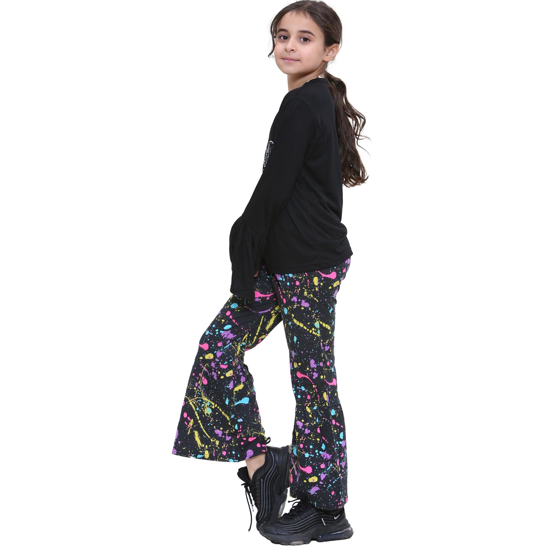 Kids Girls Sassy Print Flared Bell Sleeves T Shirt Top & Legging Set