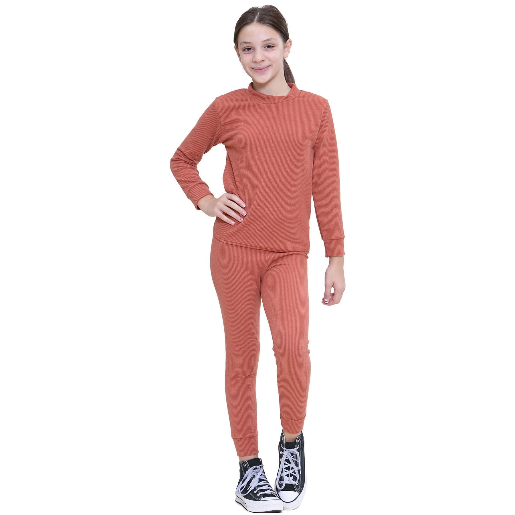 Kids Girls Ribbed Top & Bottom Tracksuit Rust Lounge Wear Set