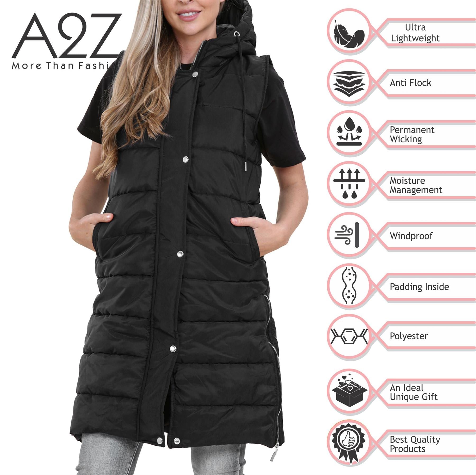 Ladies Oversized Zipped Gilet Long Line Style Black Jacket Sleeveless Long Coat