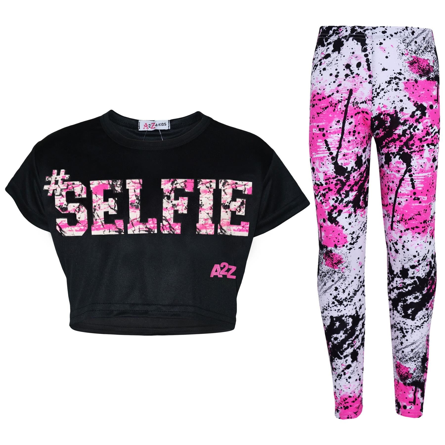 Girls Selfie Print Crop Top & Splash Legging Set