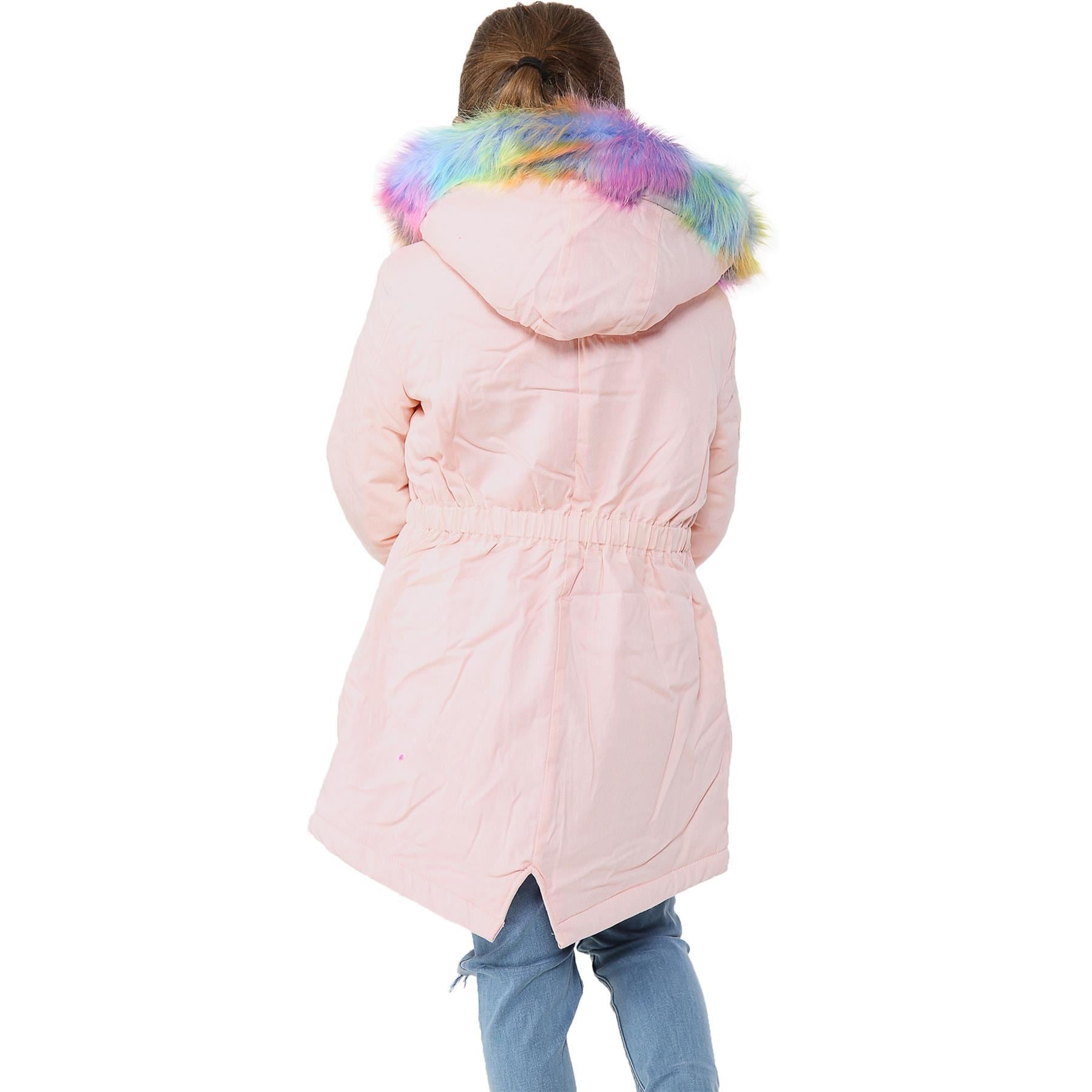 Kids Girls Hooded Coat Rainbow Faux Fur Baby Pink Parka School Jackets