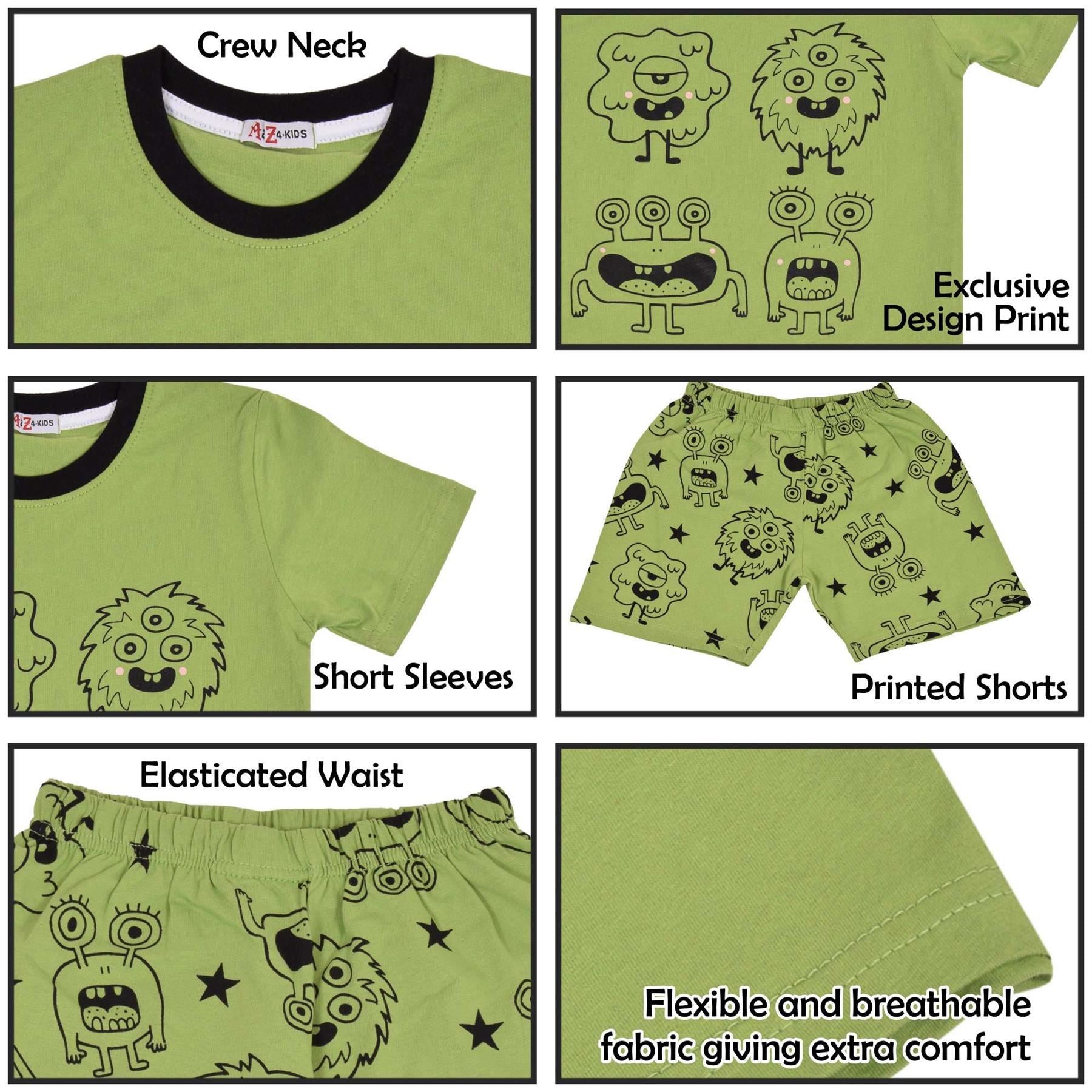 Kids Girls Boys Monster Print Lime Pyjamas Set